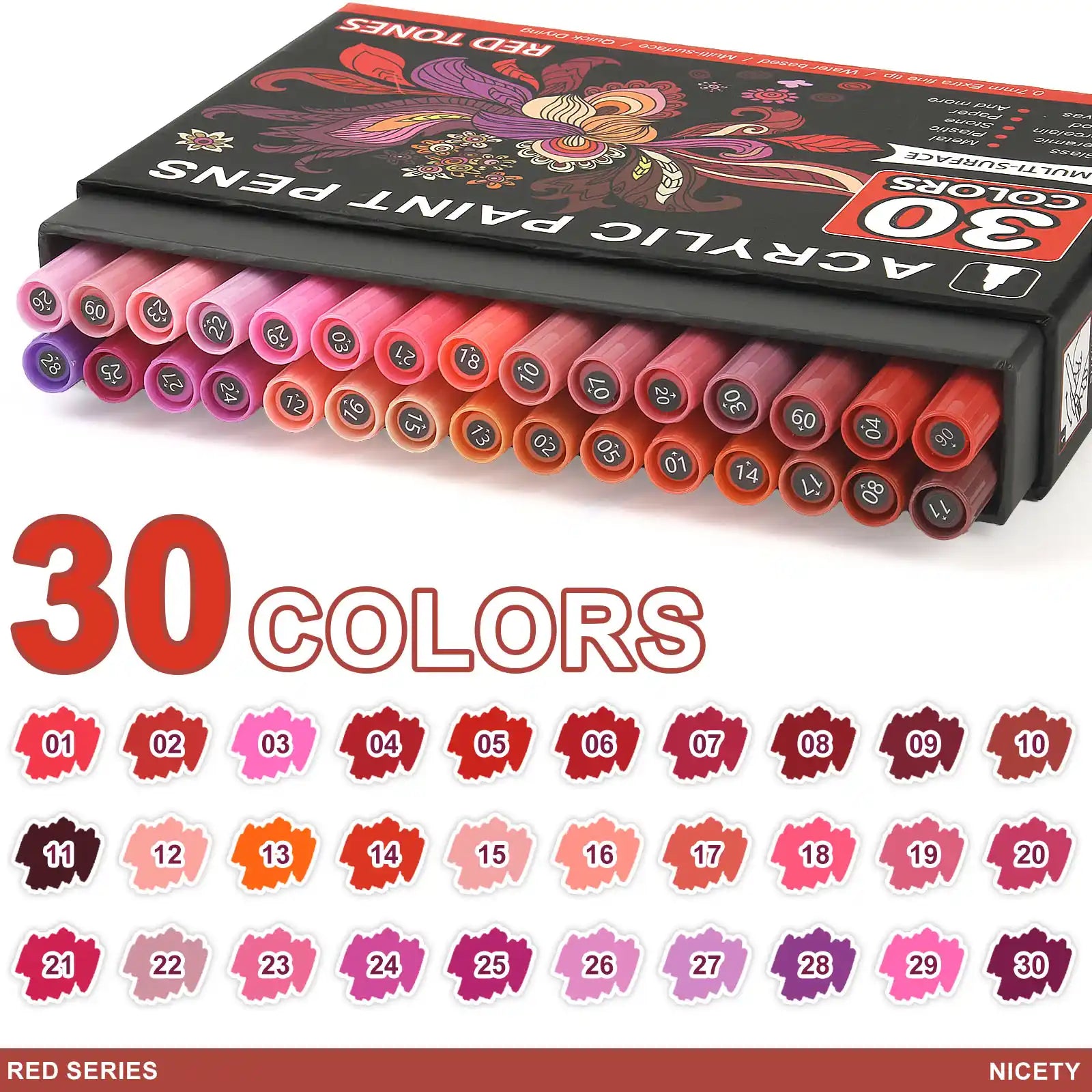 Nicety 30-Color Acrylic Marker Red Art Painting Set