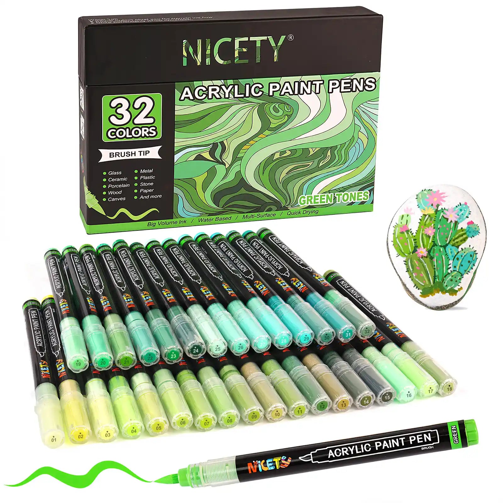 Nicety 32 Colors Acrylic Paint Pens, Green Tones, Direct Liquid Ink, Art Markers Set for Painting