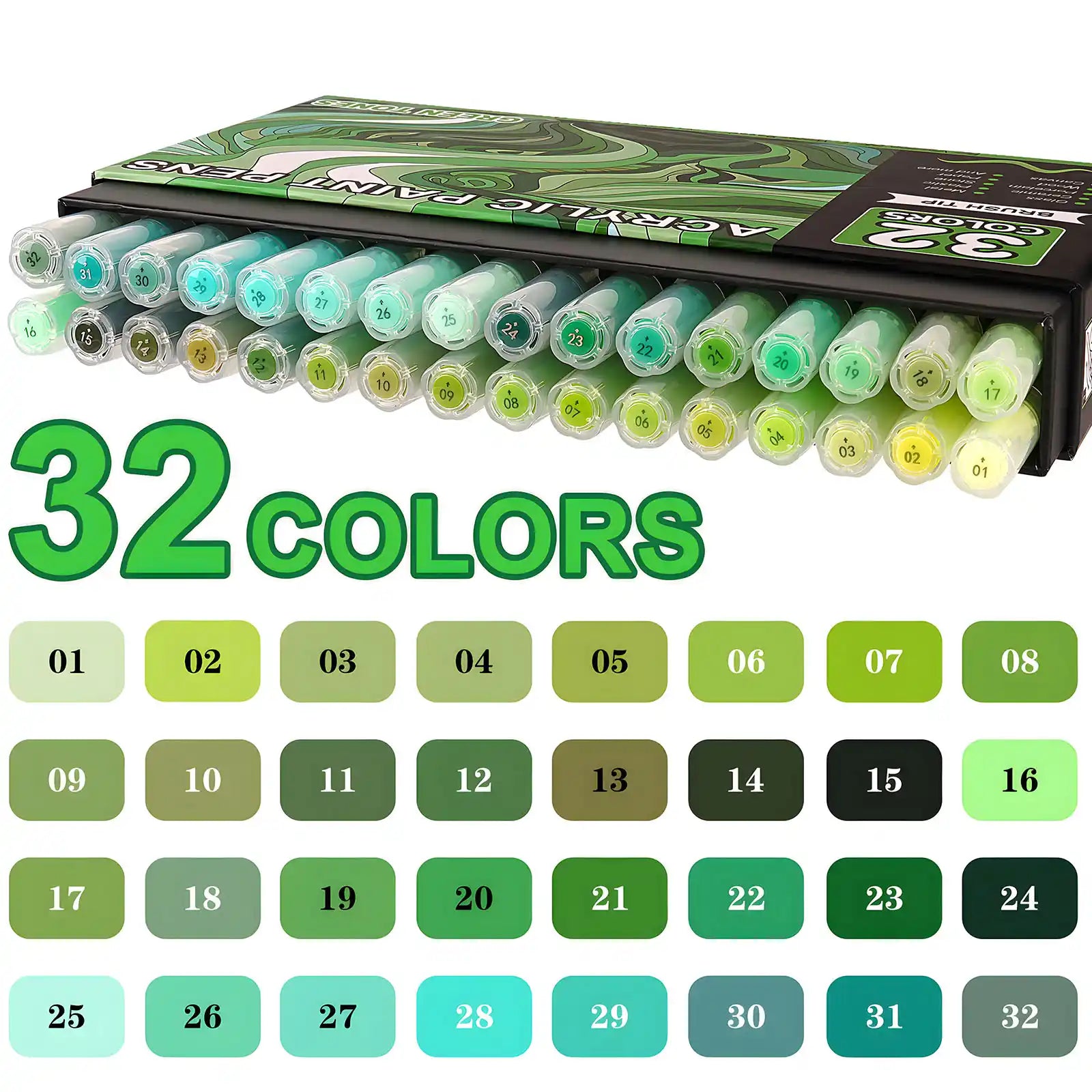 Nicety 32 Colors Acrylic Paint Pens, Green Tones, Direct Liquid Ink, Art Markers Set for Painting