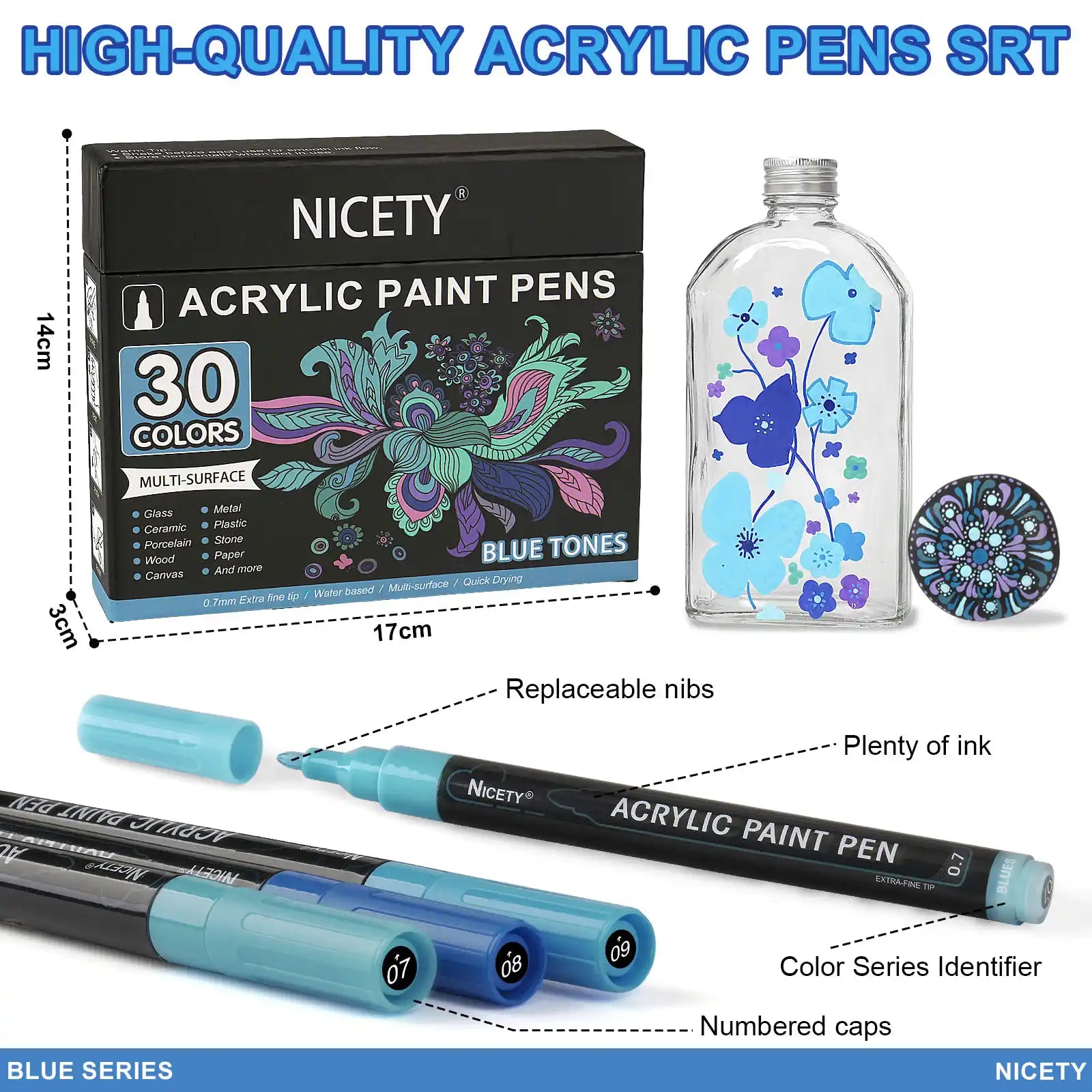 Nicety 30-Color Acrylic Marker Blue Art Painting Set
