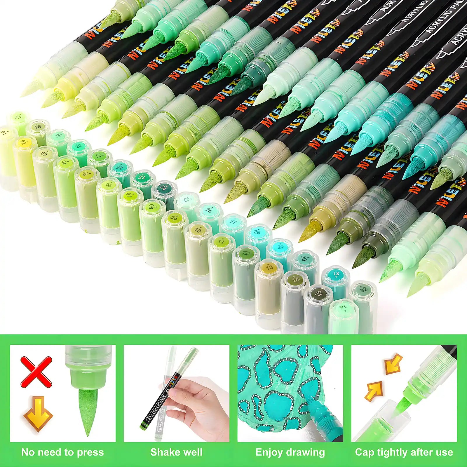 Nicety 32 Colors Acrylic Paint Pens, Green Tones, Direct Liquid Ink, Art Markers Set for Painting