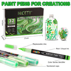 Nicety 32 Colors Acrylic Paint Pens, Green Tones, Direct Liquid Ink, Art Markers Set for Painting