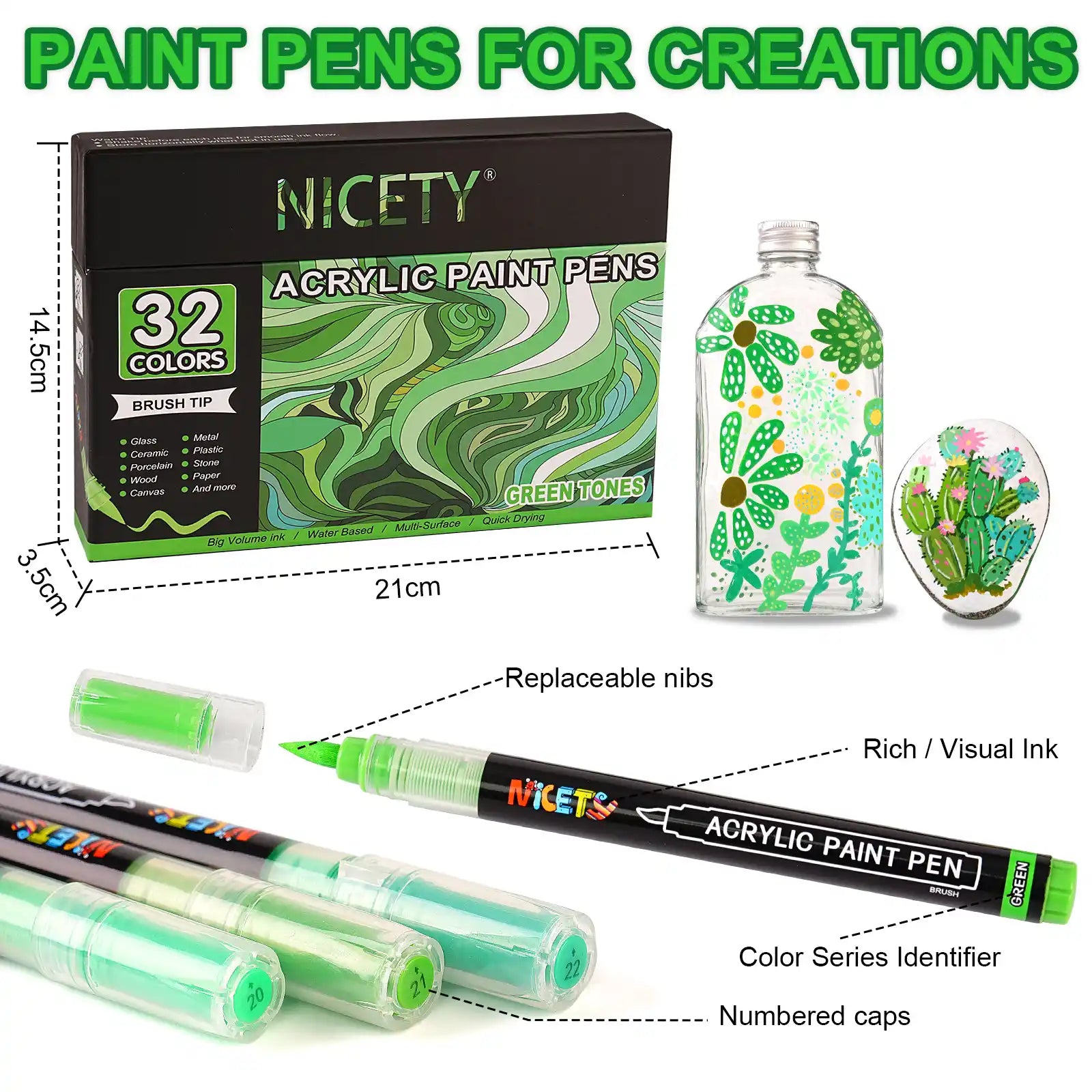 Nicety 32 Colors Acrylic Paint Pens, Green Tones, Direct Liquid Ink, Art Markers Set for Painting