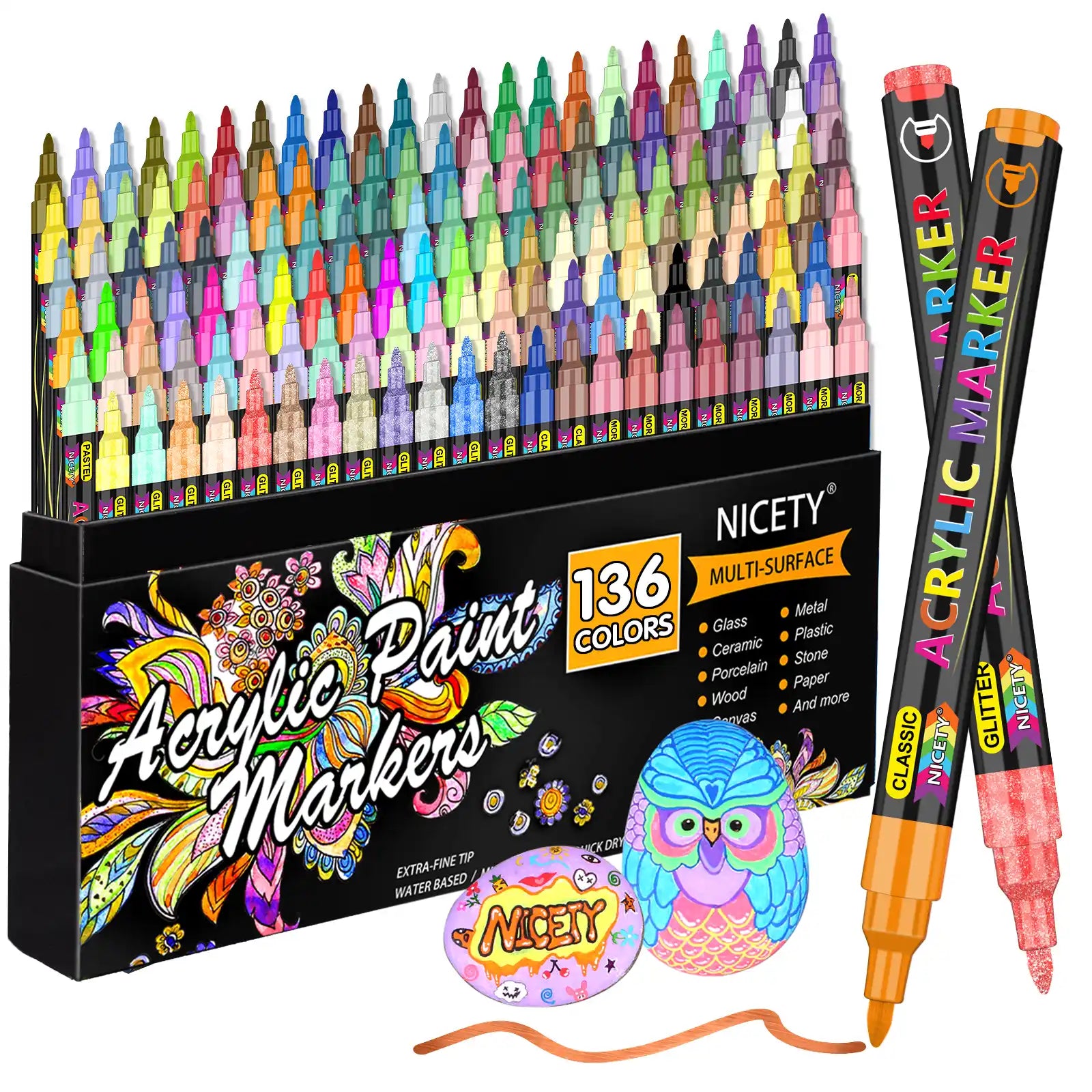 Nicety 136 Colors Single Tip Acrylic Paint Pens Set, Quick Dry Waterproof Art Markers for Drawing, Painting & Crafts