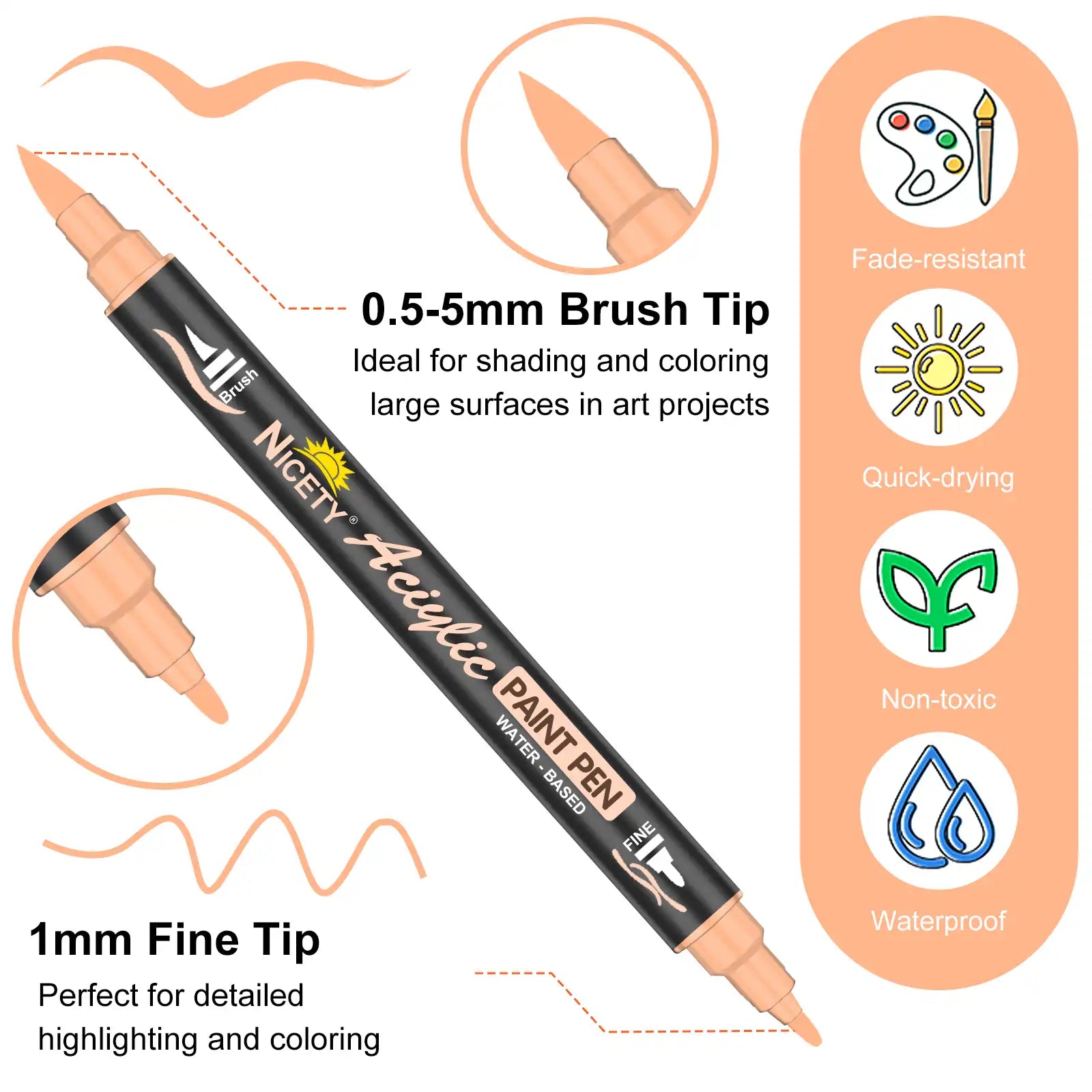 Nicety 32 Colors Dual Tip Acrylic Paint Pens Set, Quick Dry Waterproof Art Markers for Drawing & Crafts