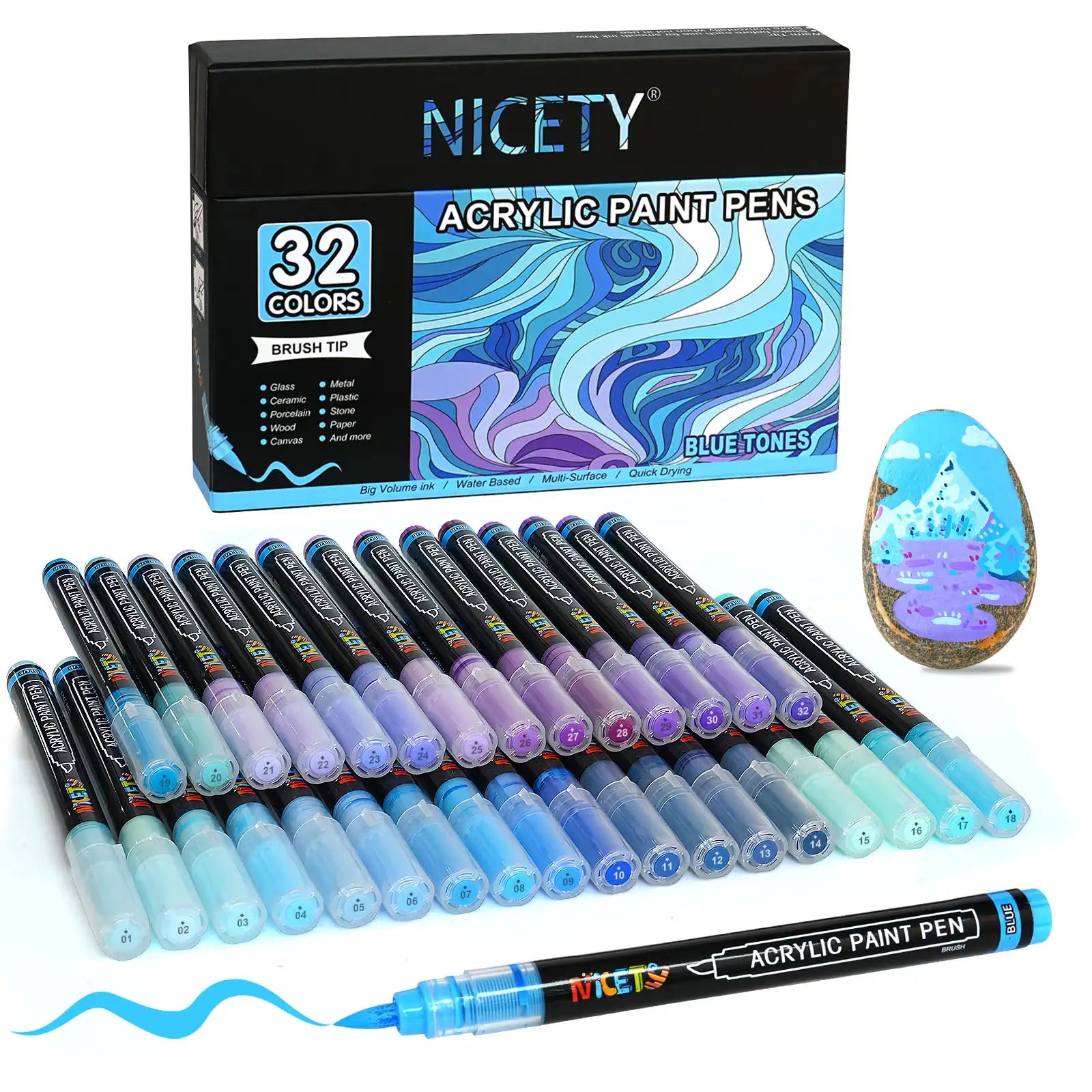 Nicety 32 Colors Acrylic Paint Pens, Blue Tones, Direct Liquid Ink, Art Markers Set for Painting