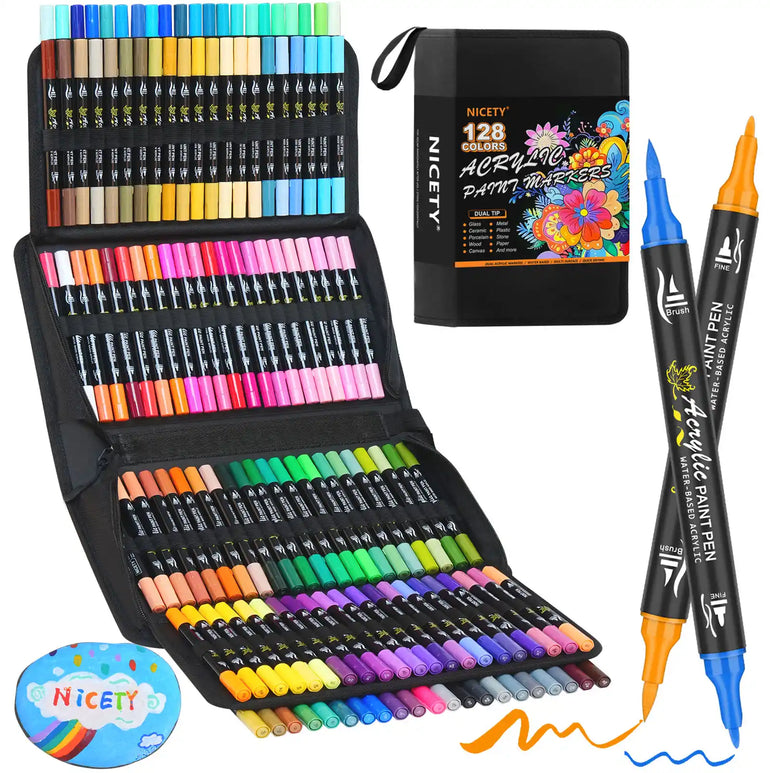 NICETY 128-Color Dual-Tip Acrylic Paint Markers with Carry Bag