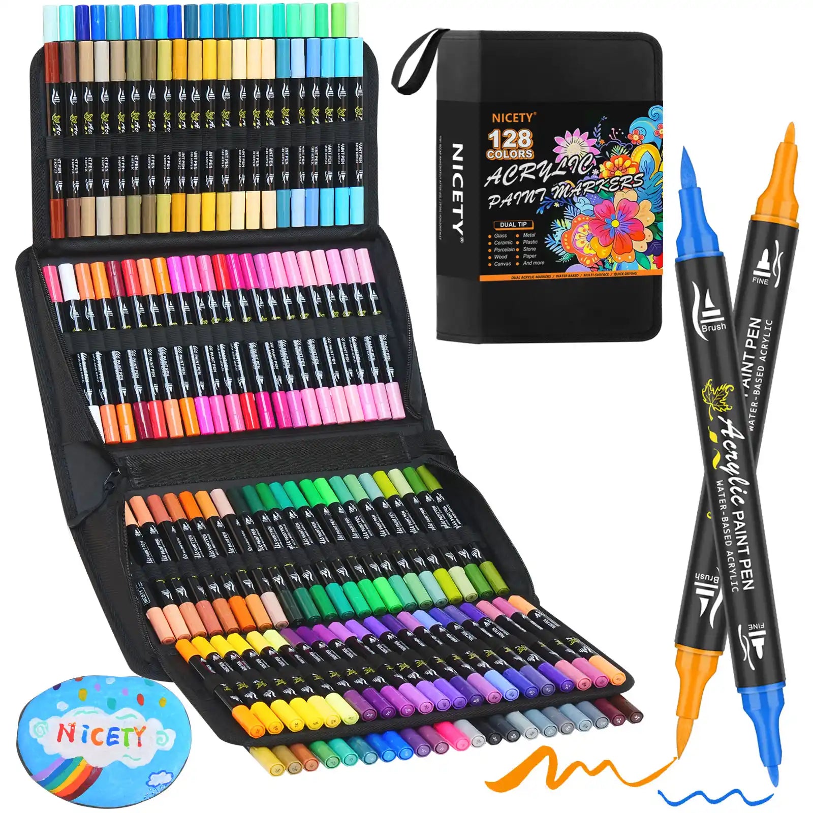 NICETY 128-Color Dual-Tip Acrylic Paint Markers with Carry Bag