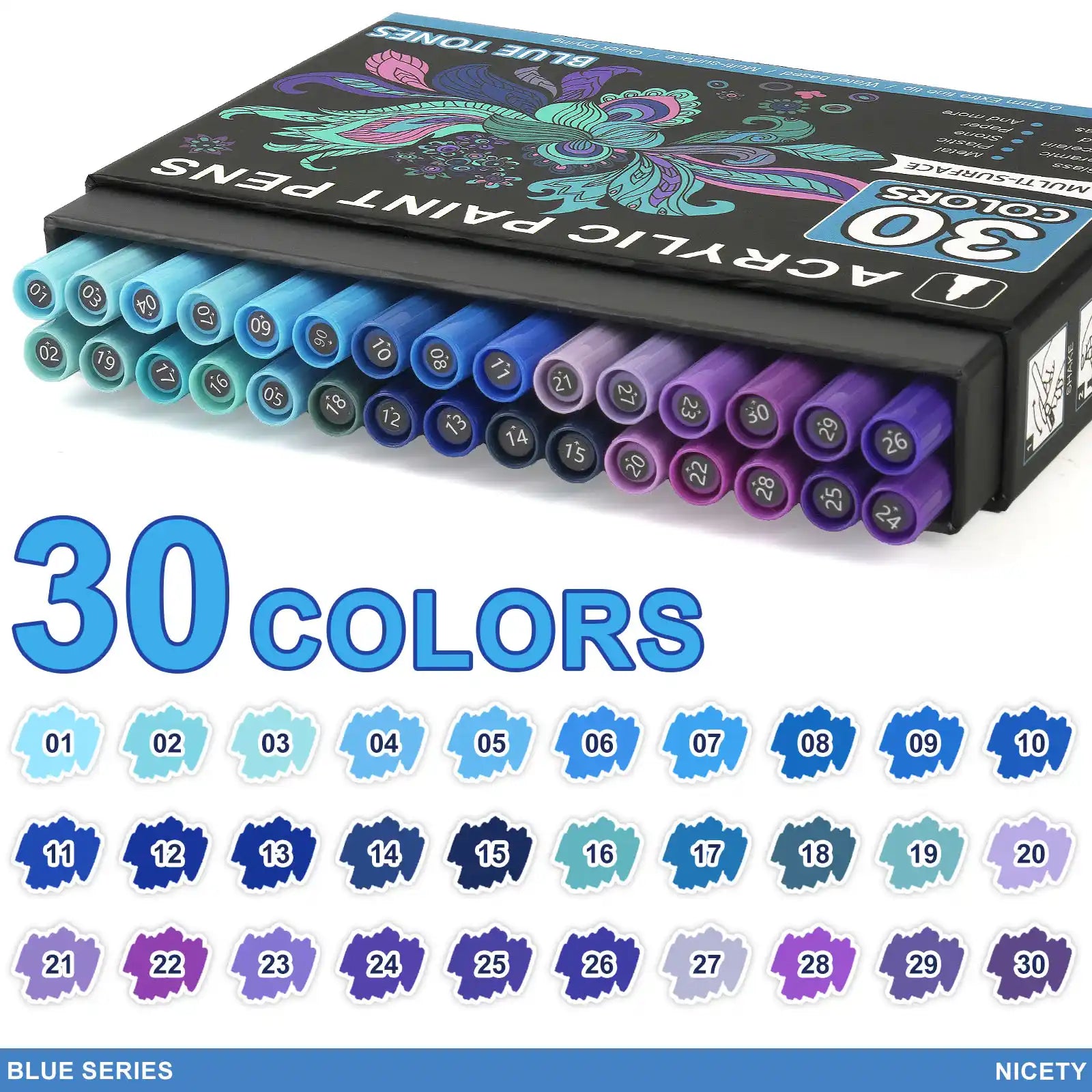 Nicety 30-Color Acrylic Marker Blue Art Painting Set