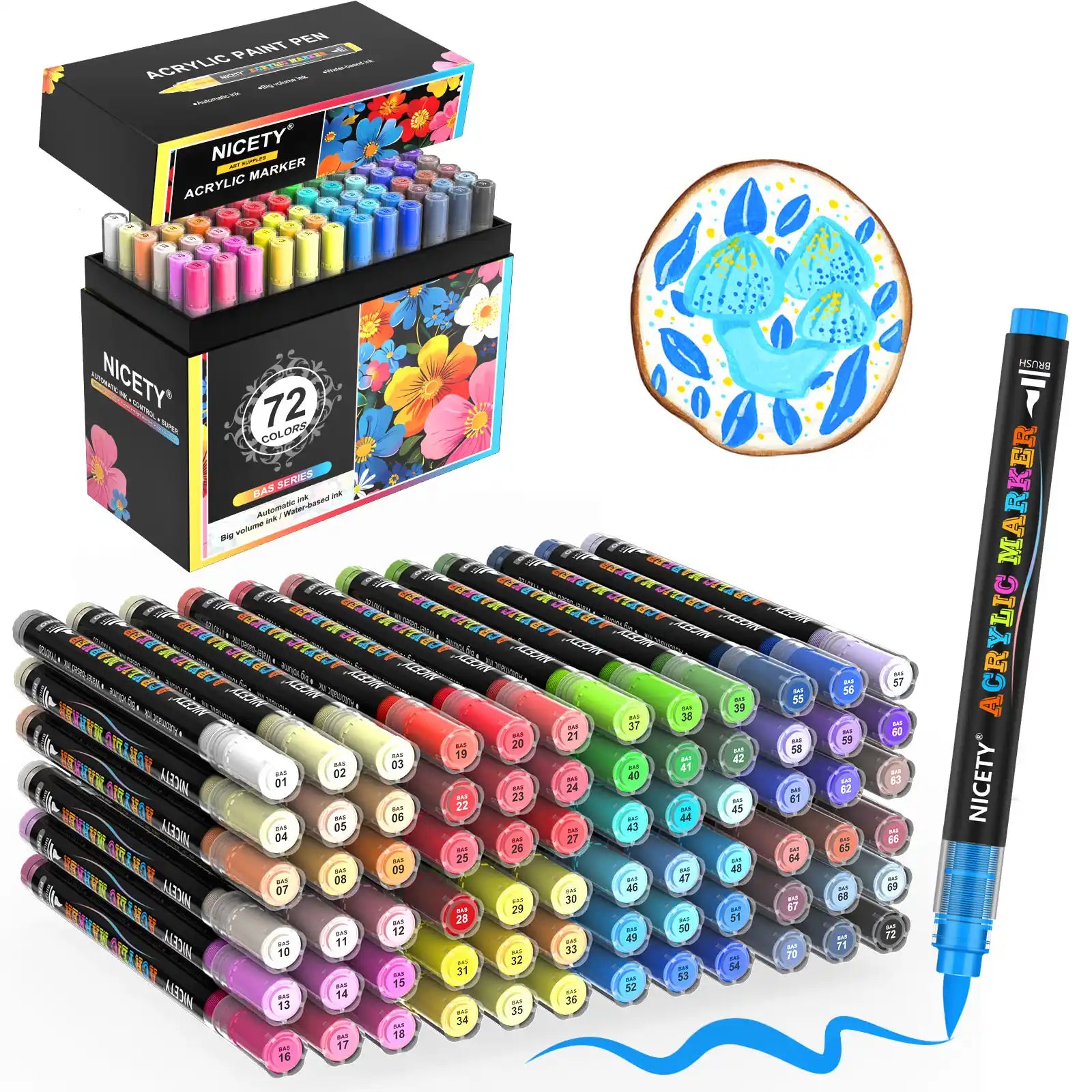 Nicety 72 Colors Single Tip Acrylic Paint Pens Set, Quick Dry Waterproof Art Markers for Drawing, Painting & Crafts