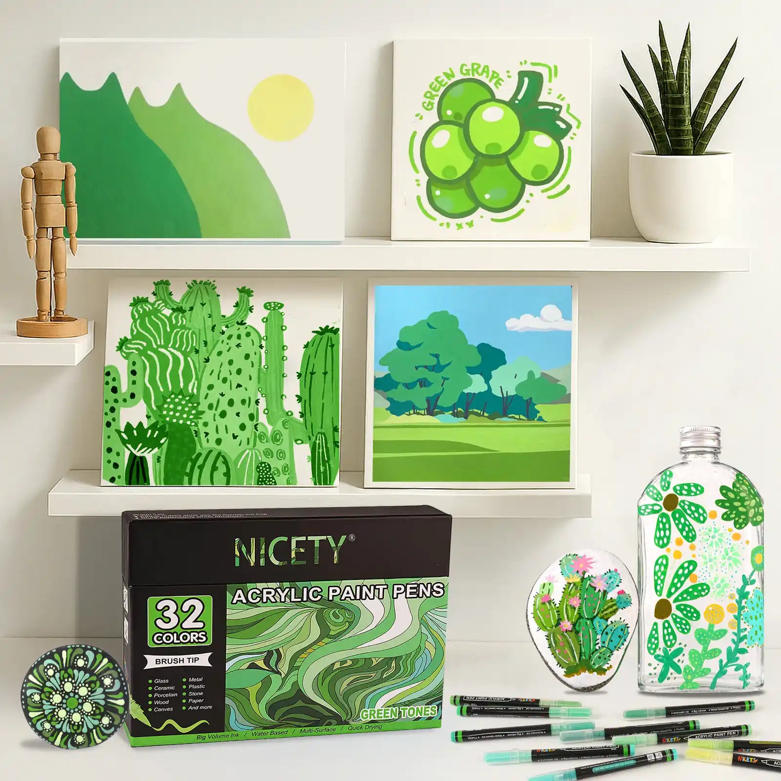 Nicety 32 Colors Acrylic Paint Pens, Green Tones, Direct Liquid Ink, Art Markers Set for Painting