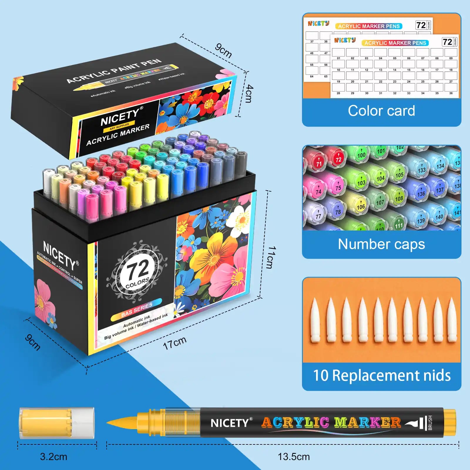 Nicety 72 Colors Single Tip Acrylic Paint Pens Set, Quick Dry Waterproof Art Markers for Drawing, Painting & Crafts