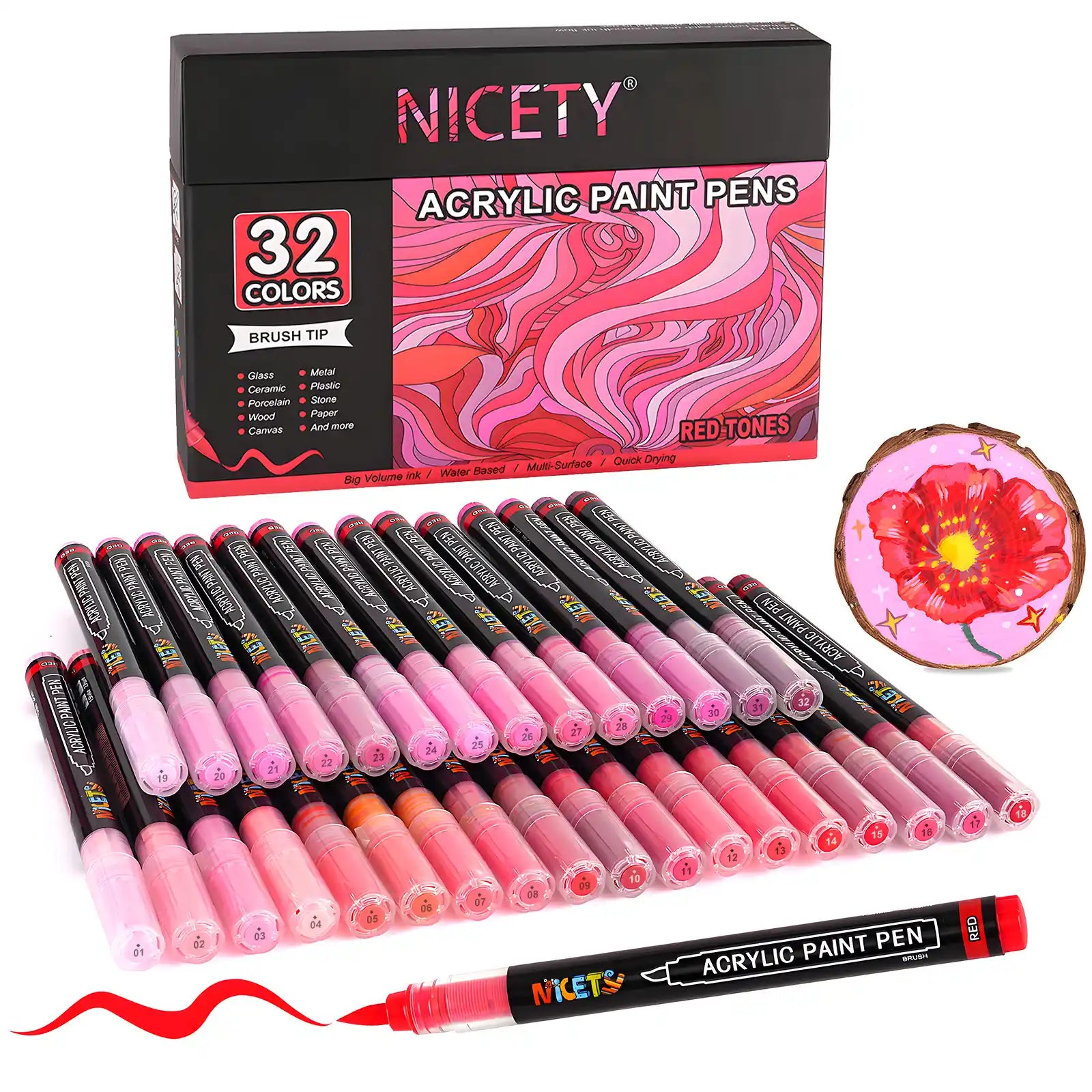 Nicety 32 Colors Acrylic Paint Pens, Red Tones, Direct Liquid Ink, Art Markers Set for Painting