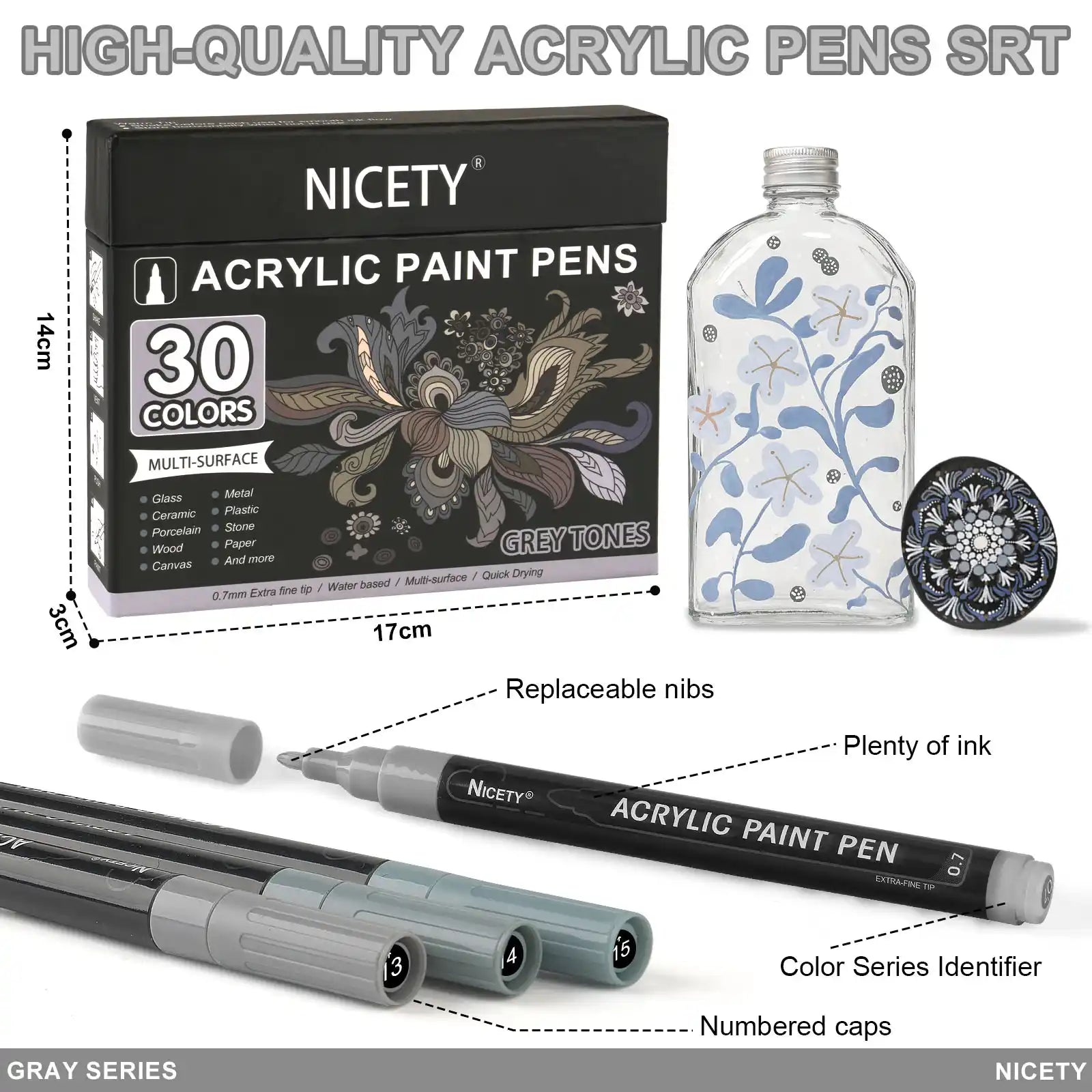 Nicety 30-Color Acrylic Marker Grey Art Painting Set
