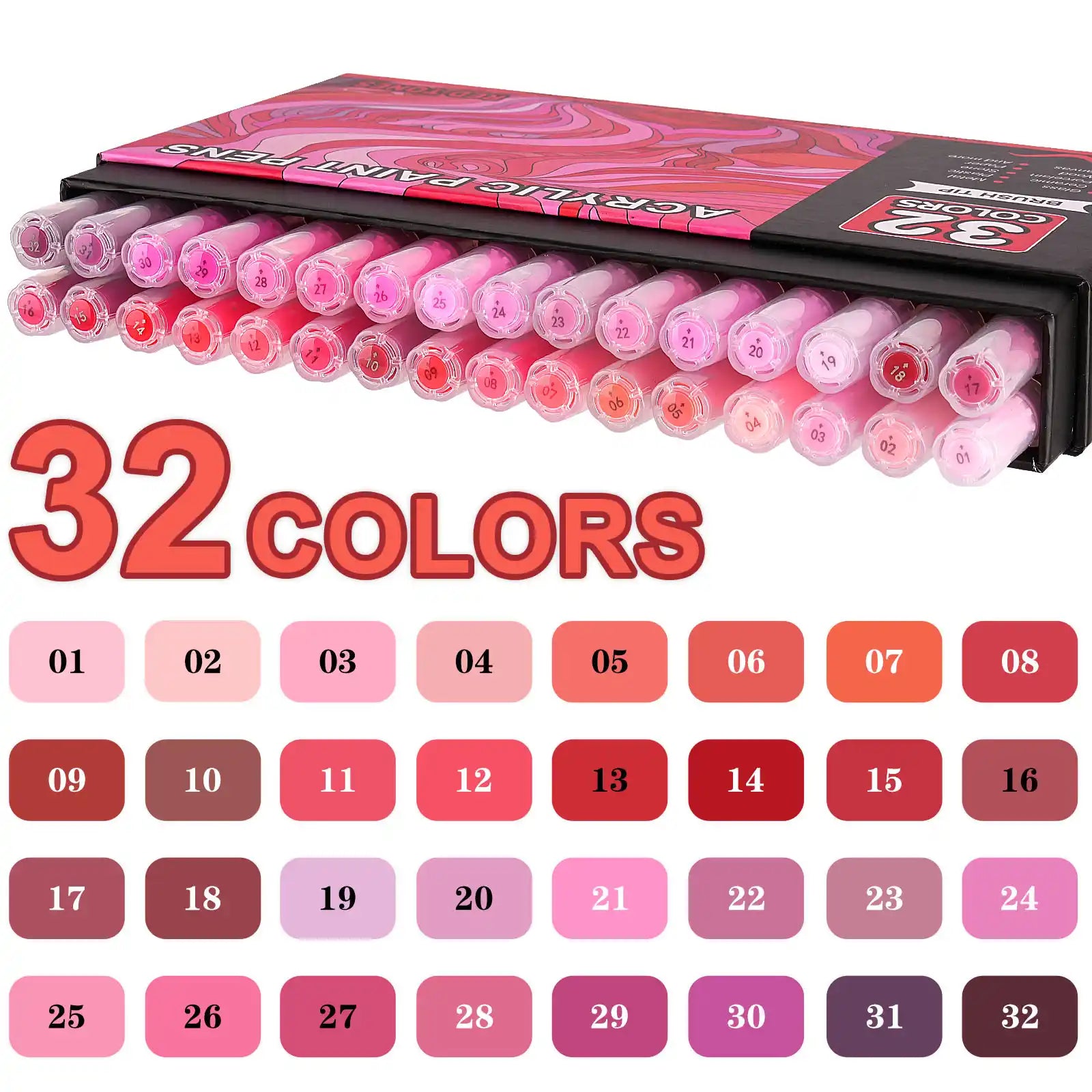 Nicety 32 Colors Acrylic Paint Pens, Red Tones, Direct Liquid Ink, Art Markers Set for Painting