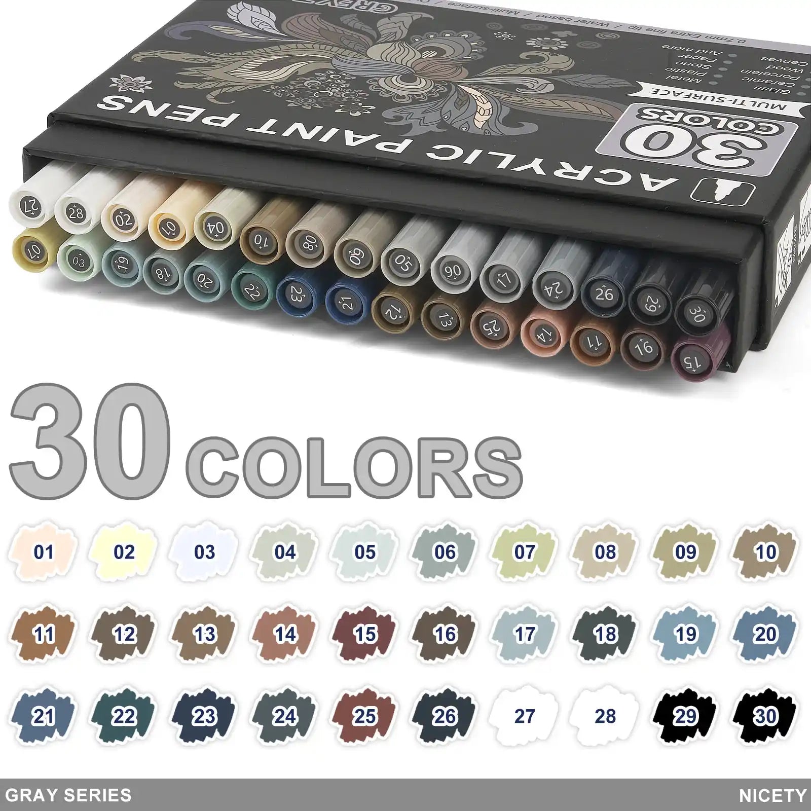 Nicety 30-Color Acrylic Marker Grey Art Painting Set