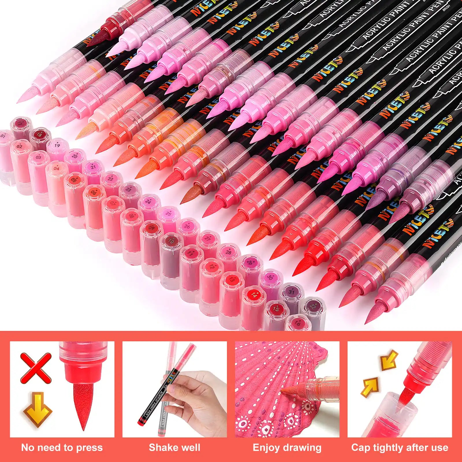 Nicety 32 Colors Acrylic Paint Pens, Red Tones, Direct Liquid Ink, Art Markers Set for Painting