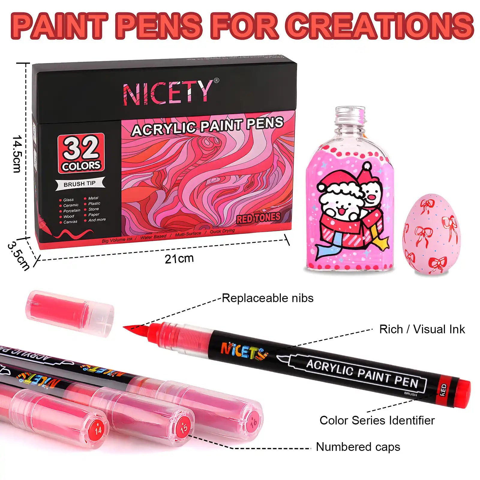 Nicety 32 Colors Acrylic Paint Pens, Red Tones, Direct Liquid Ink, Art Markers Set for Painting