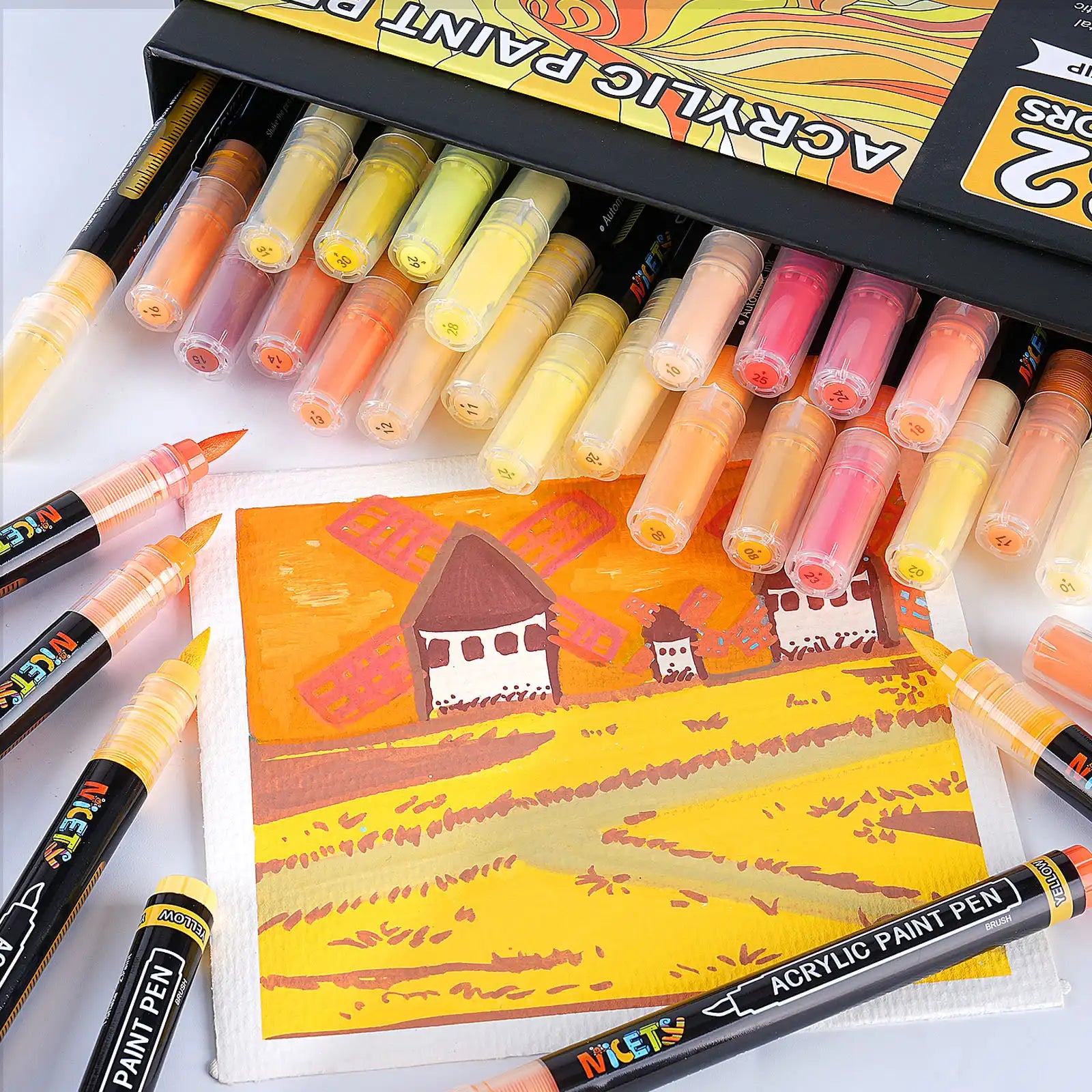 Nicety 32 Colors Acrylic Paint Pens, Yellow Tones, Direct Liquid Ink, Art Markers Set for Painting
