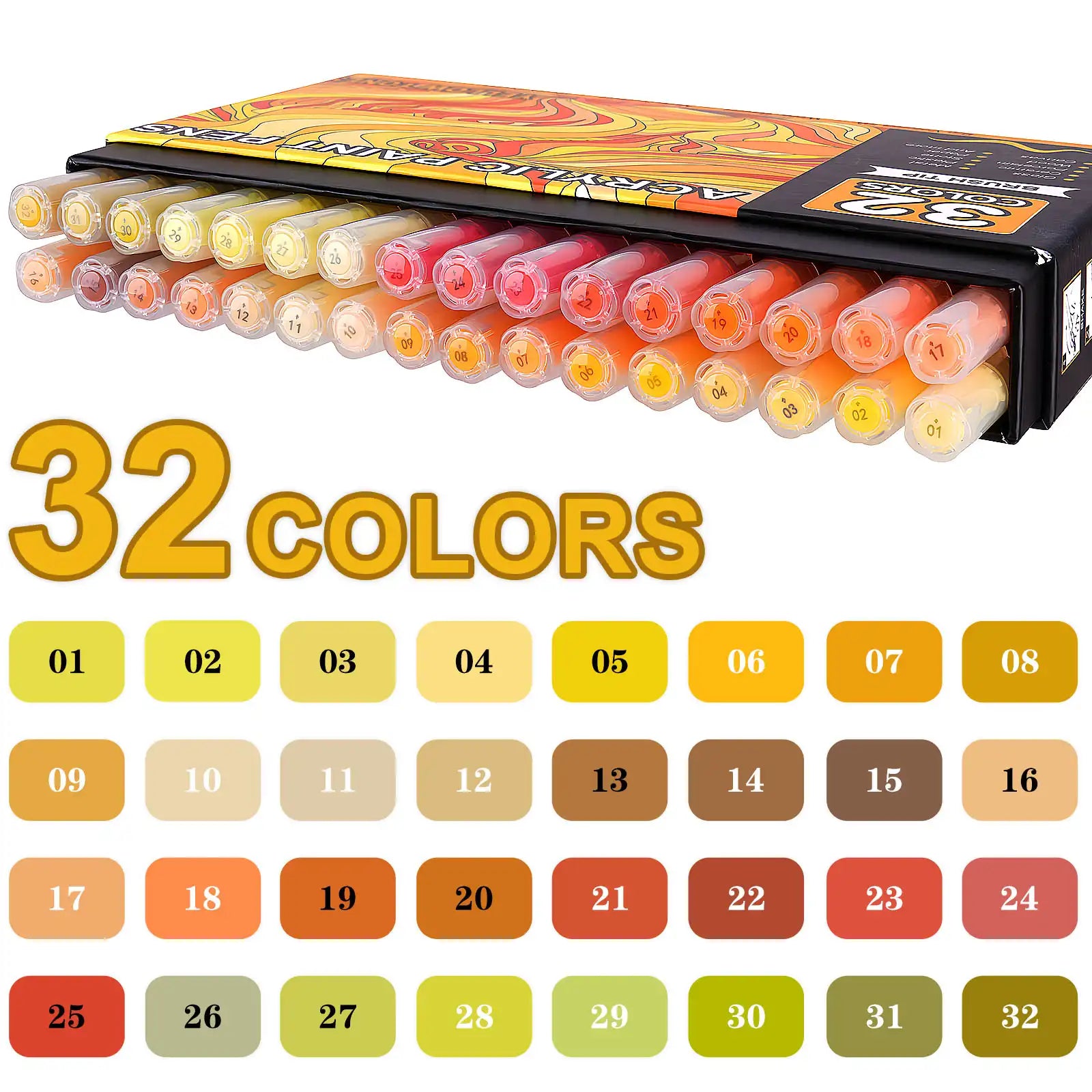 Nicety 32 Colors Acrylic Paint Pens, Yellow Tones, Direct Liquid Ink, Art Markers Set for Painting