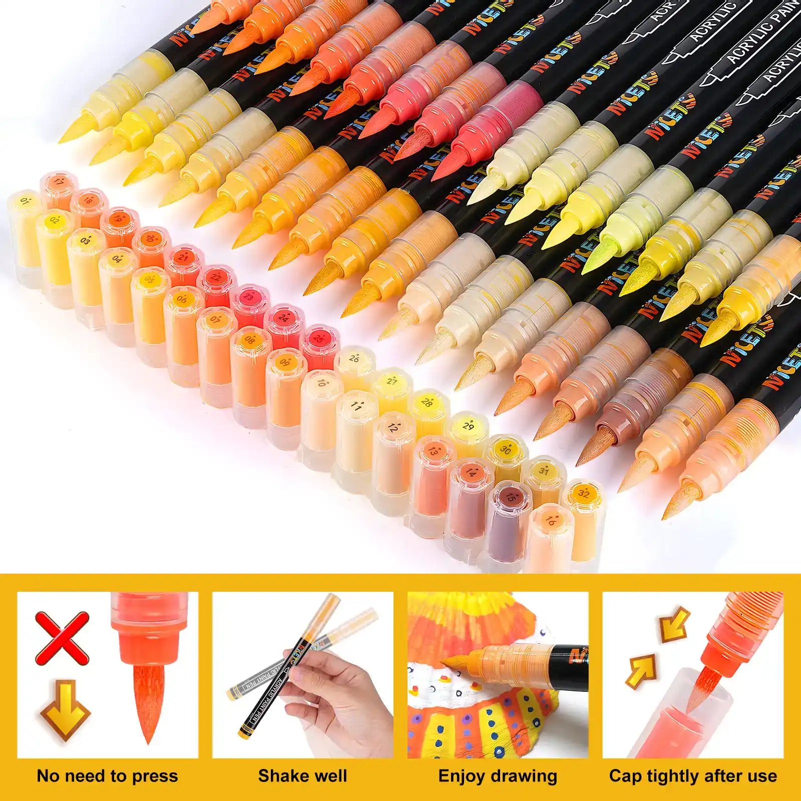 Nicety 32 Colors Acrylic Paint Pens, Yellow Tones, Direct Liquid Ink, Art Markers Set for Painting