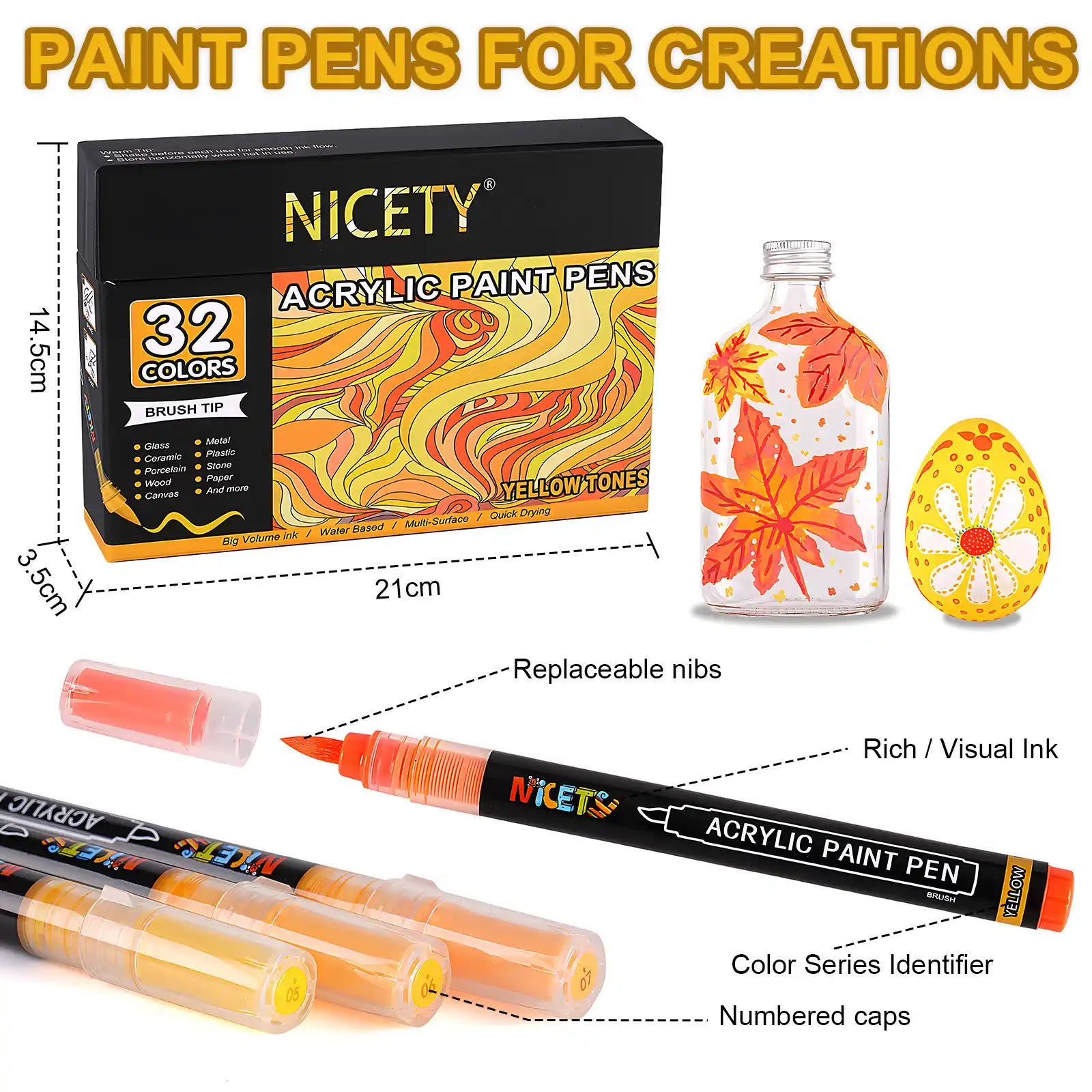 Nicety 32 Colors Acrylic Paint Pens, Yellow Tones, Direct Liquid Ink, Art Markers Set for Painting