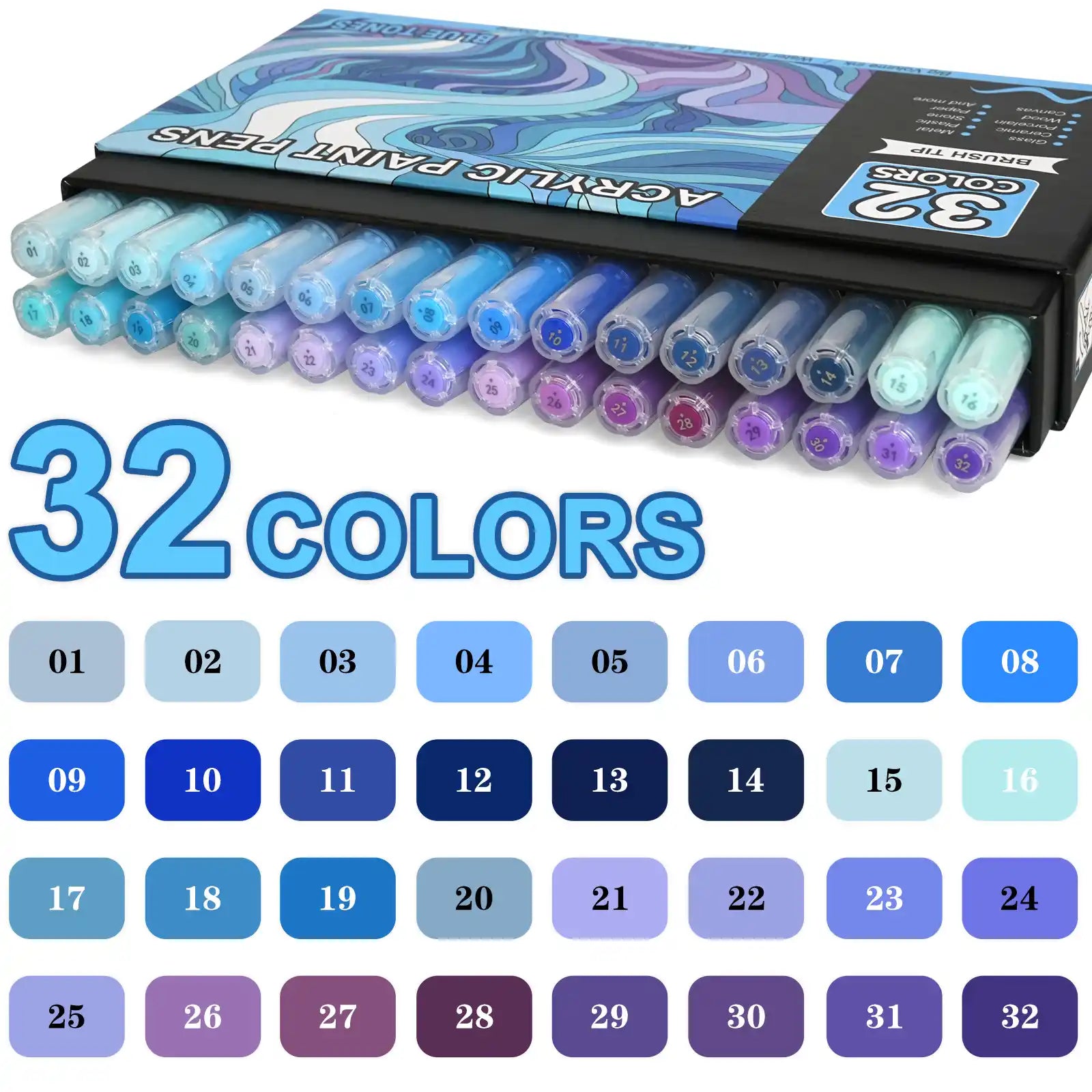 Nicety 32 Colors Acrylic Paint Pens, Blue Tones, Direct Liquid Ink, Art Markers Set for Painting