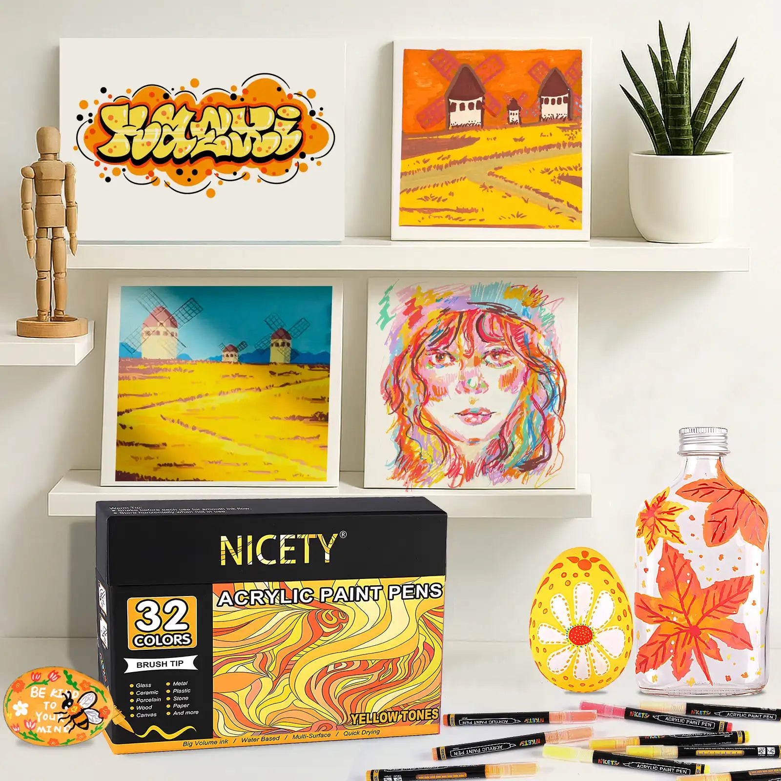 Nicety 32 Colors Acrylic Paint Pens, Yellow Tones, Direct Liquid Ink, Art Markers Set for Painting