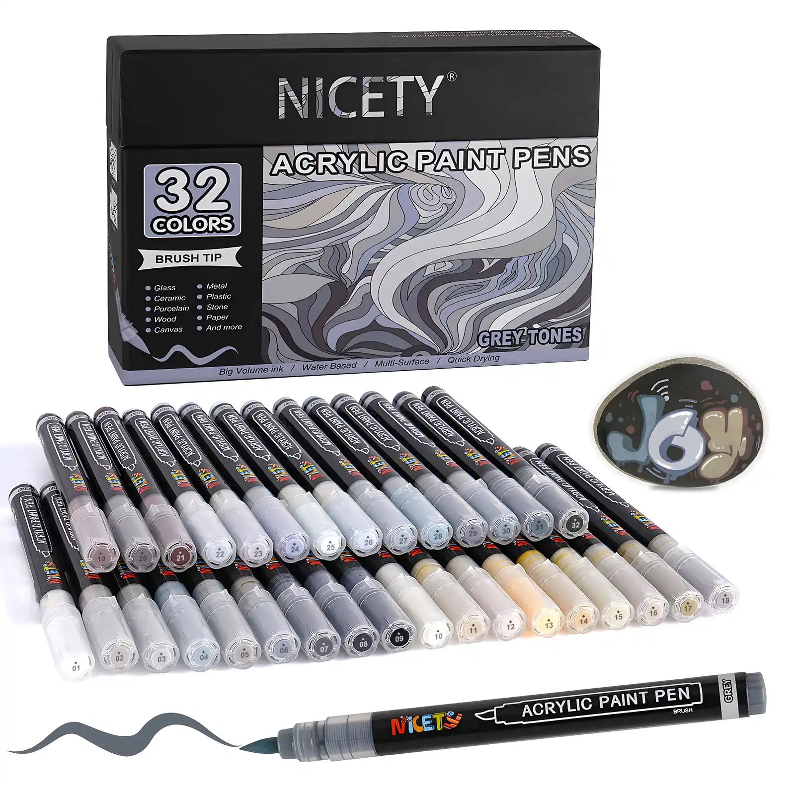 Nicety 32 Colors Acrylic Paint Pens, Grey Tones, Direct Liquid Ink, Art Markers Set for Painting