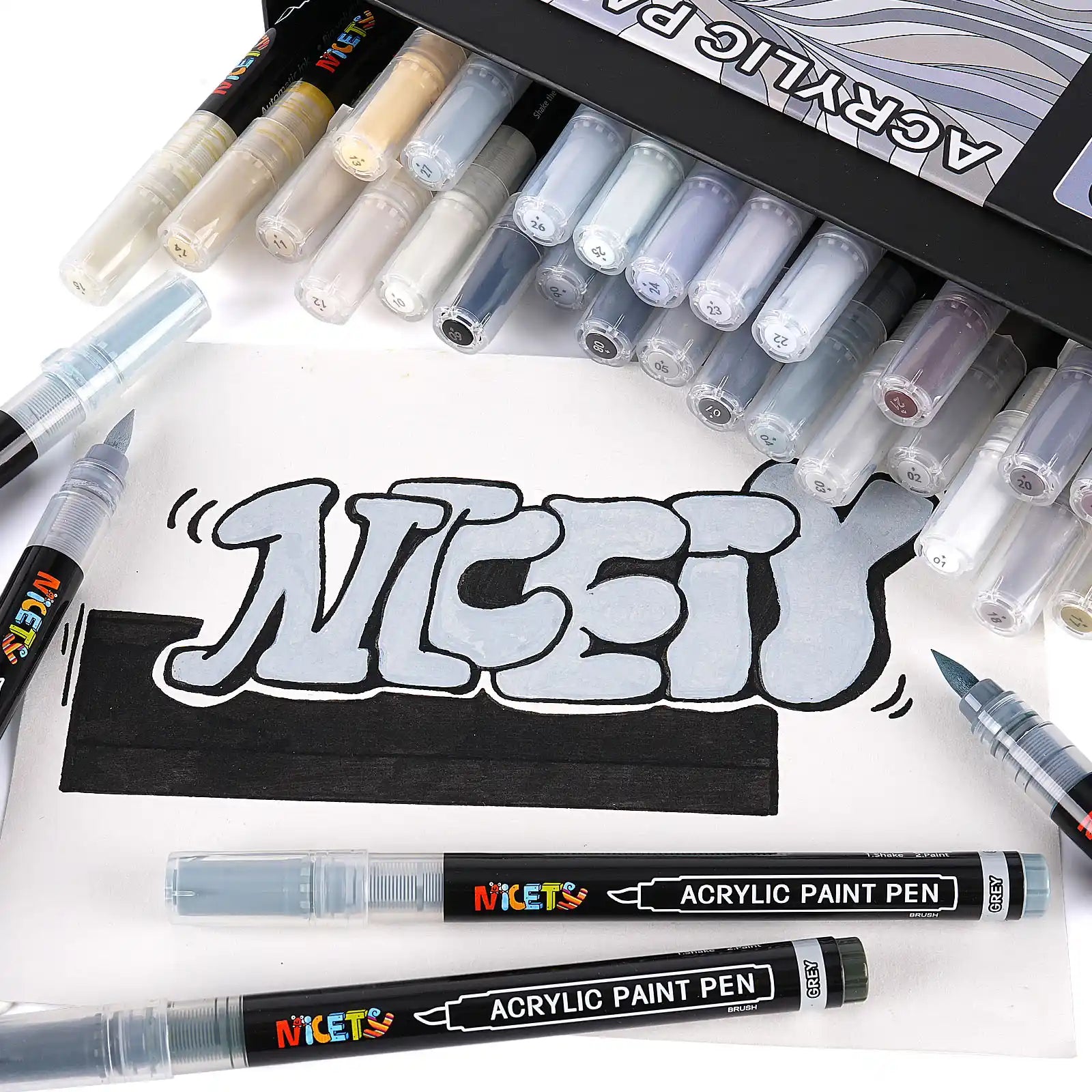 Nicety 32 Colors Acrylic Paint Pens, Grey Tones, Direct Liquid Ink, Art Markers Set for Painting