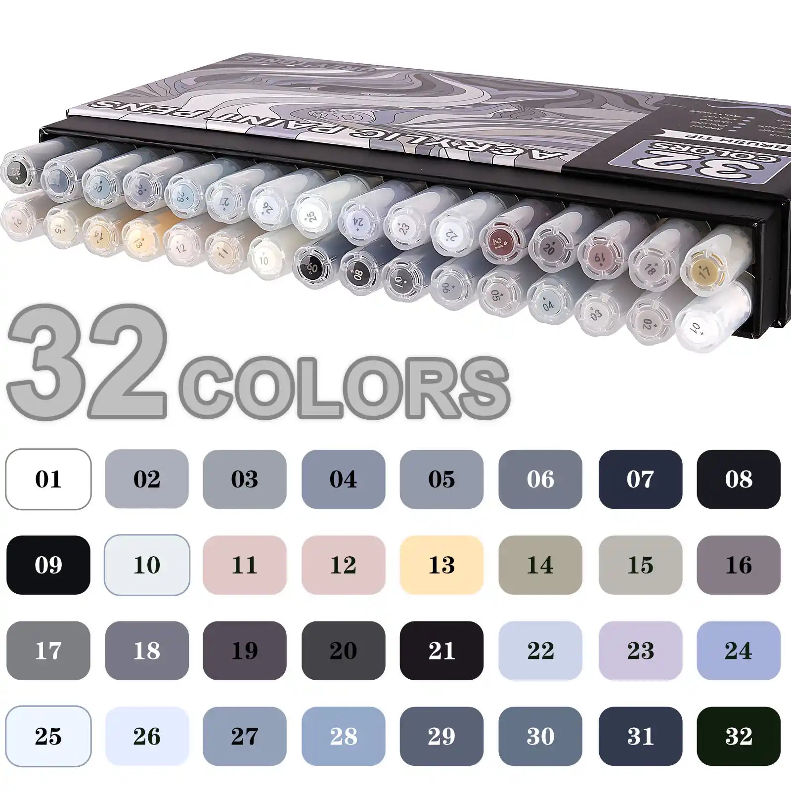 Nicety 32 Colors Acrylic Paint Pens, Grey Tones, Direct Liquid Ink, Art Markers Set for Painting