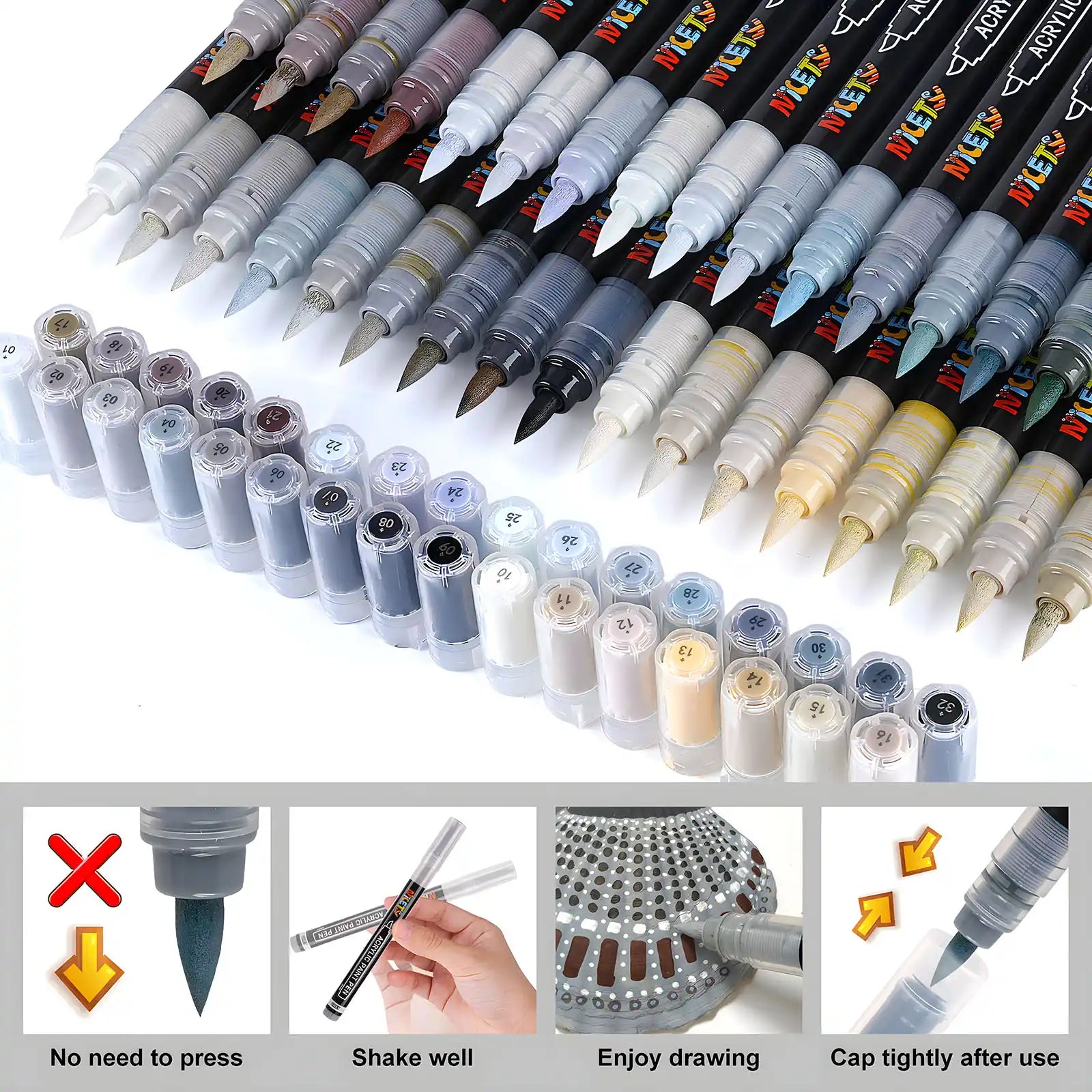 Nicety 32 Colors Acrylic Paint Pens, Grey Tones, Direct Liquid Ink, Art Markers Set for Painting