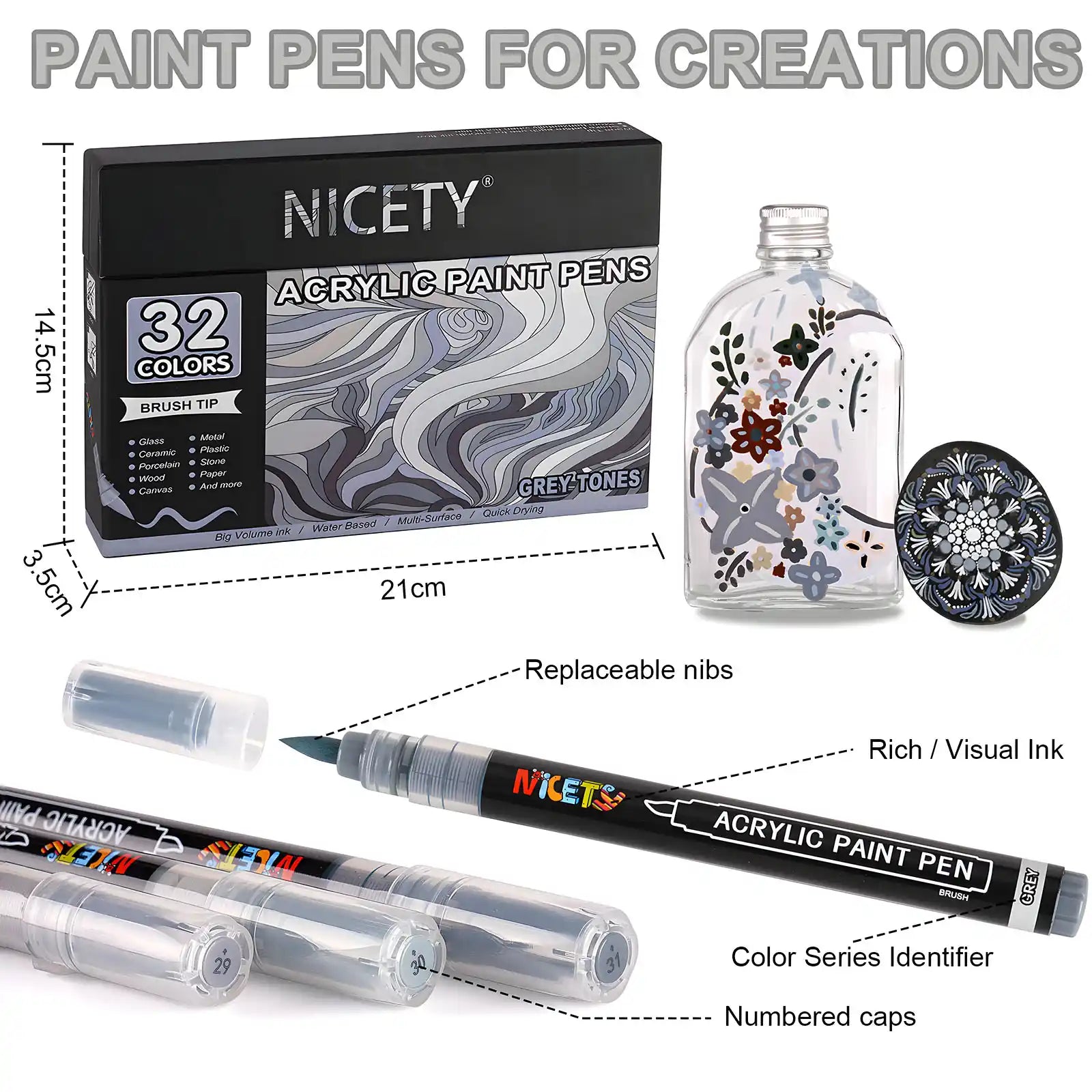 Nicety 32 Colors Acrylic Paint Pens, Grey Tones, Direct Liquid Ink, Art Markers Set for Painting