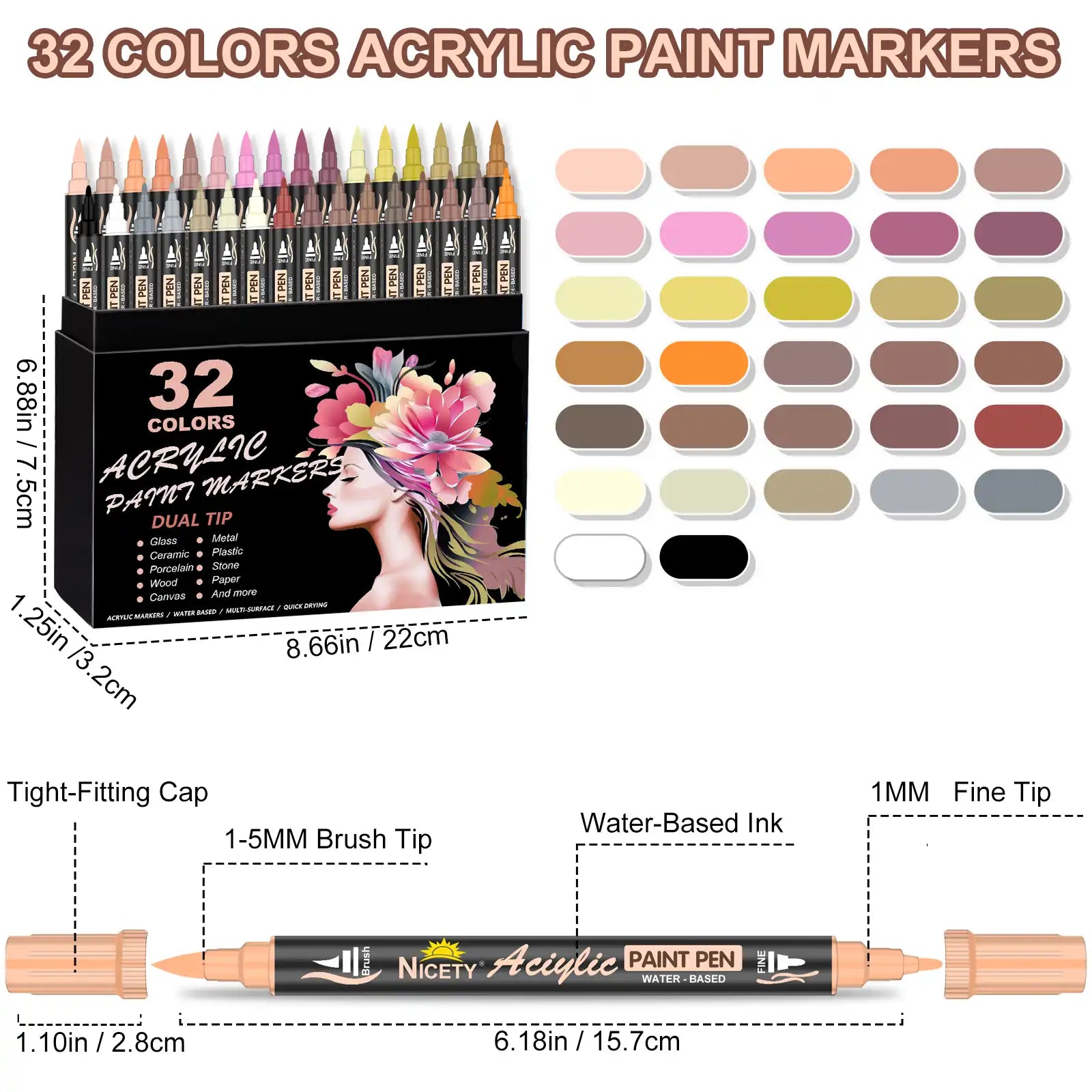 Nicety 32 Colors Dual Tip Acrylic Paint Pens Set, Quick Dry Waterproof Art Markers for Drawing & Crafts