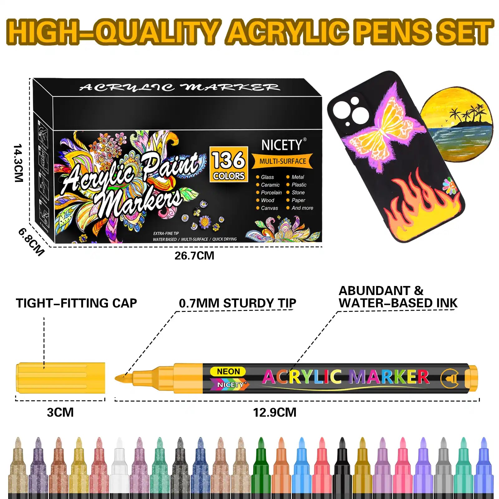 Nicety 136 Colors Single Tip Acrylic Paint Pens Set, Quick Dry Waterproof Art Markers for Drawing, Painting & Crafts