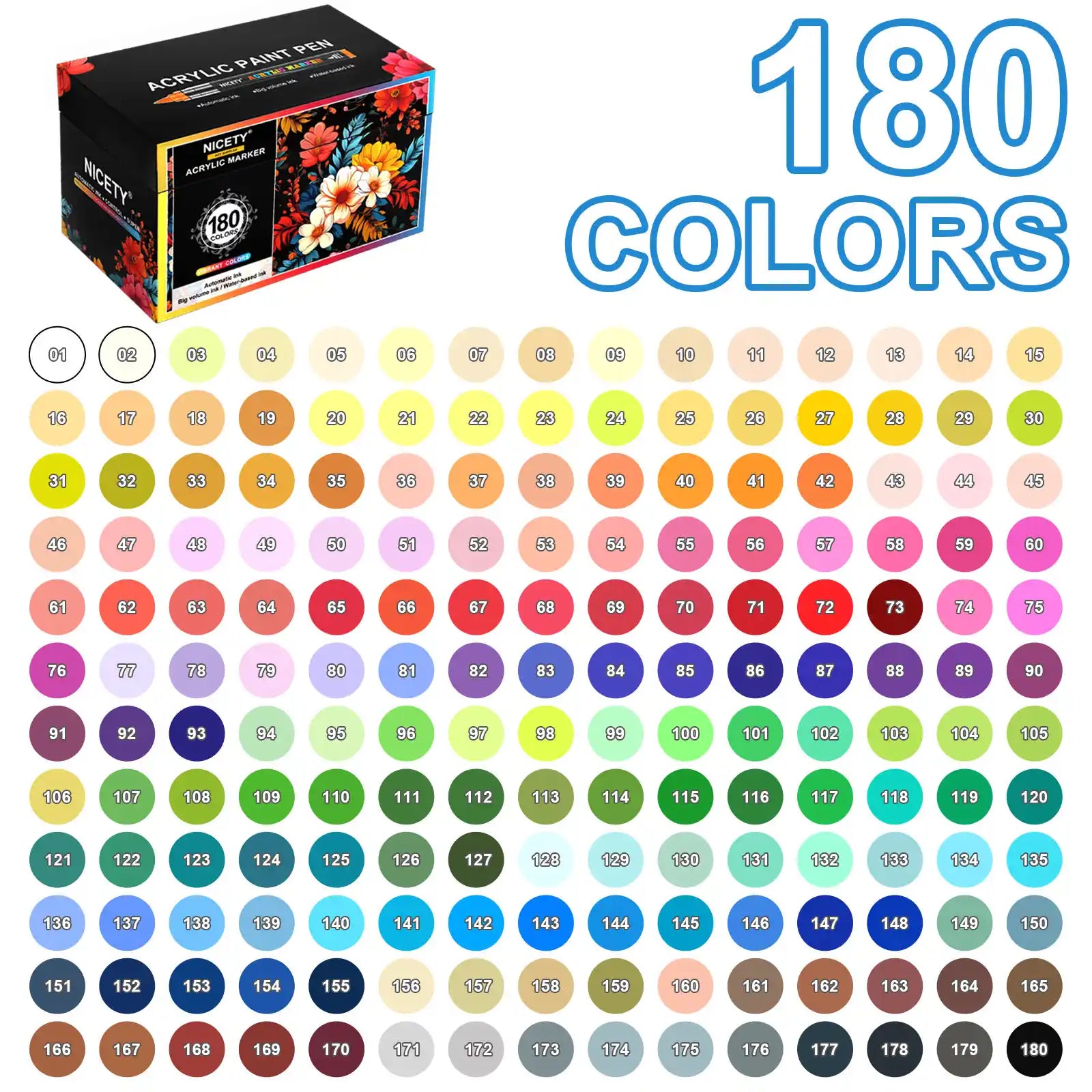 NICETY 180-Color Direct-Ink Acrylic Paint Marker Set