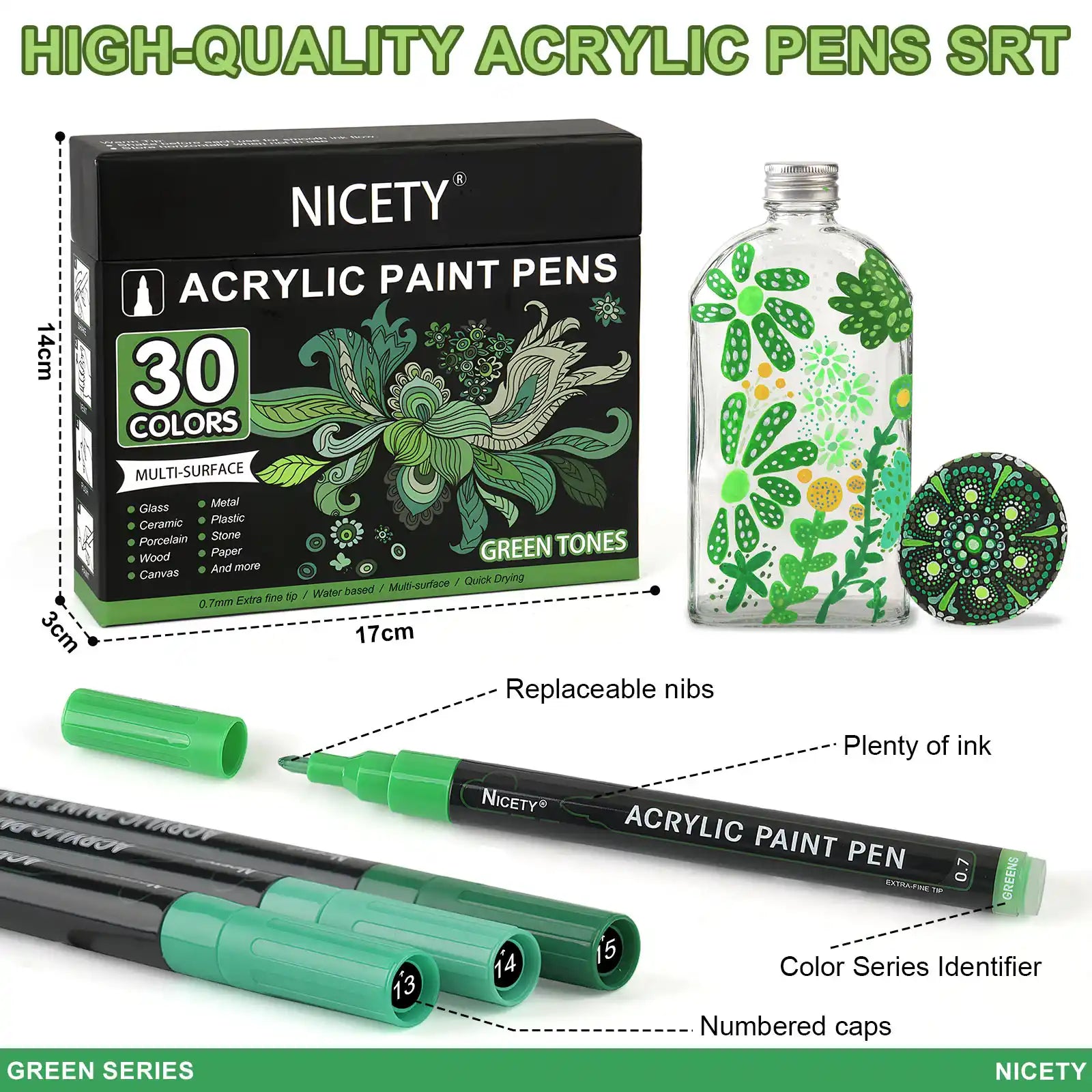 Nicety 30-Color Acrylic Marker Green Art Painting Set