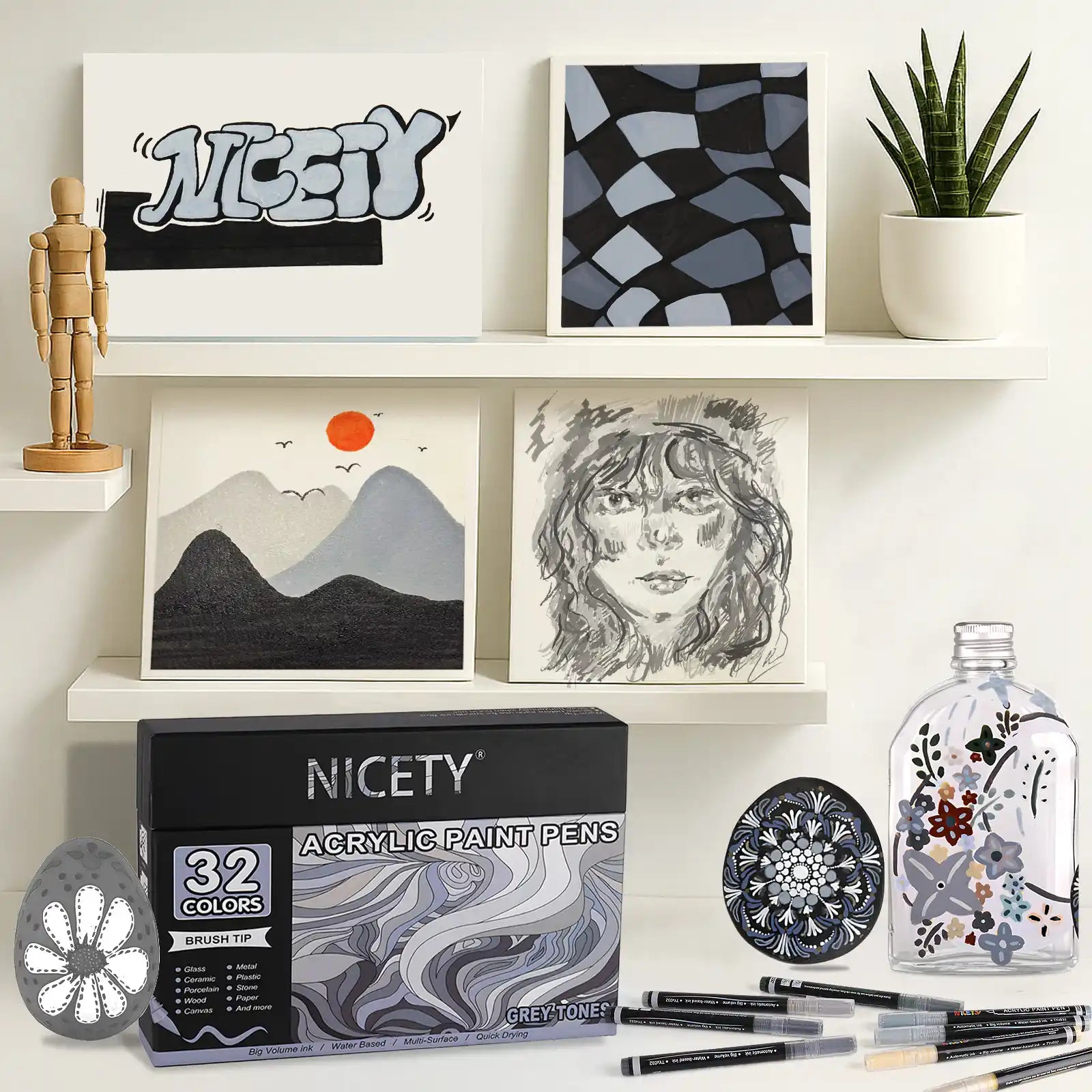 Nicety 32 Colors Acrylic Paint Pens, Grey Tones, Direct Liquid Ink, Art Markers Set for Painting