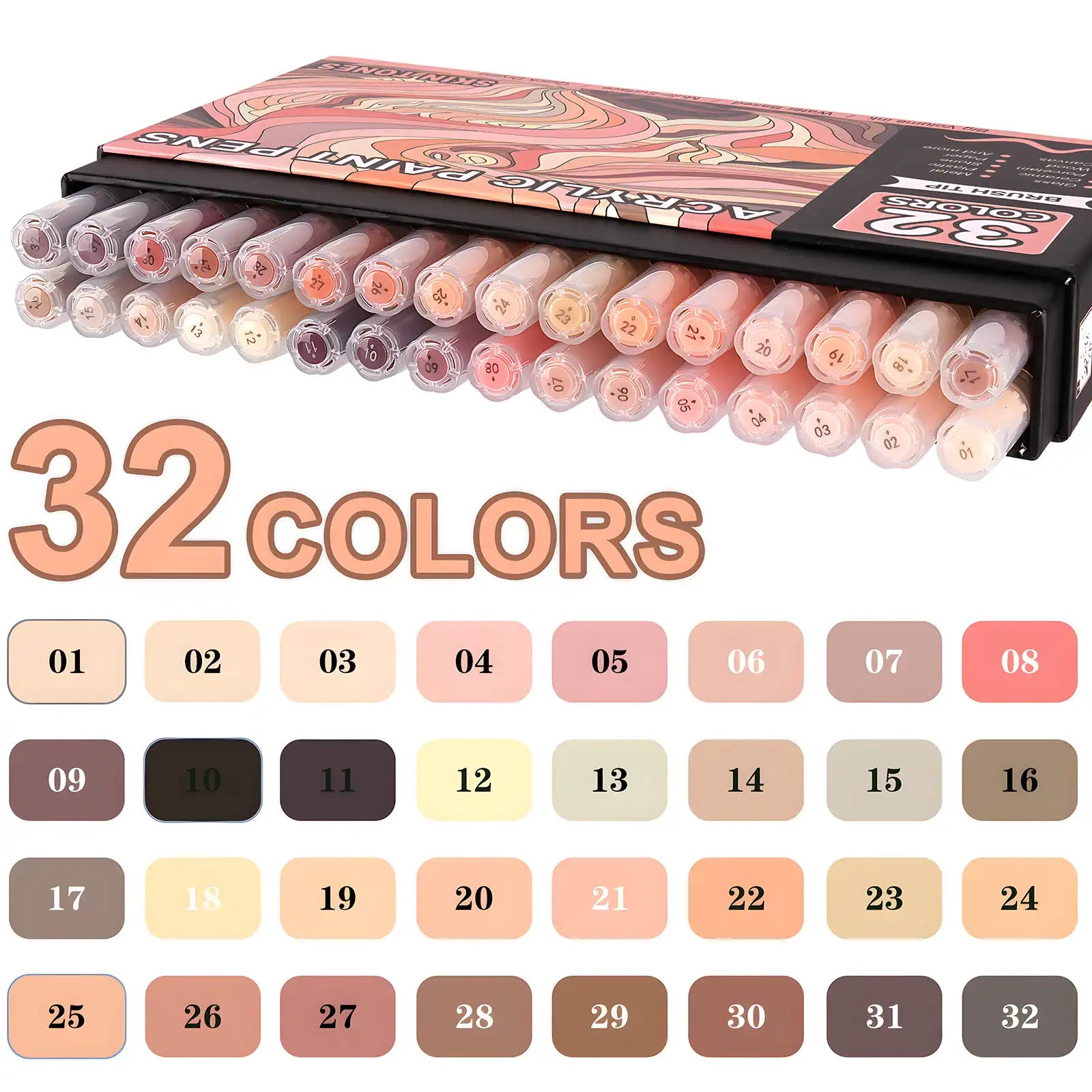 Nicety 32 Colors Acrylic Paint Pens, Skin Tones Tones, Direct Liquid Ink, Art Markers Set for Painting