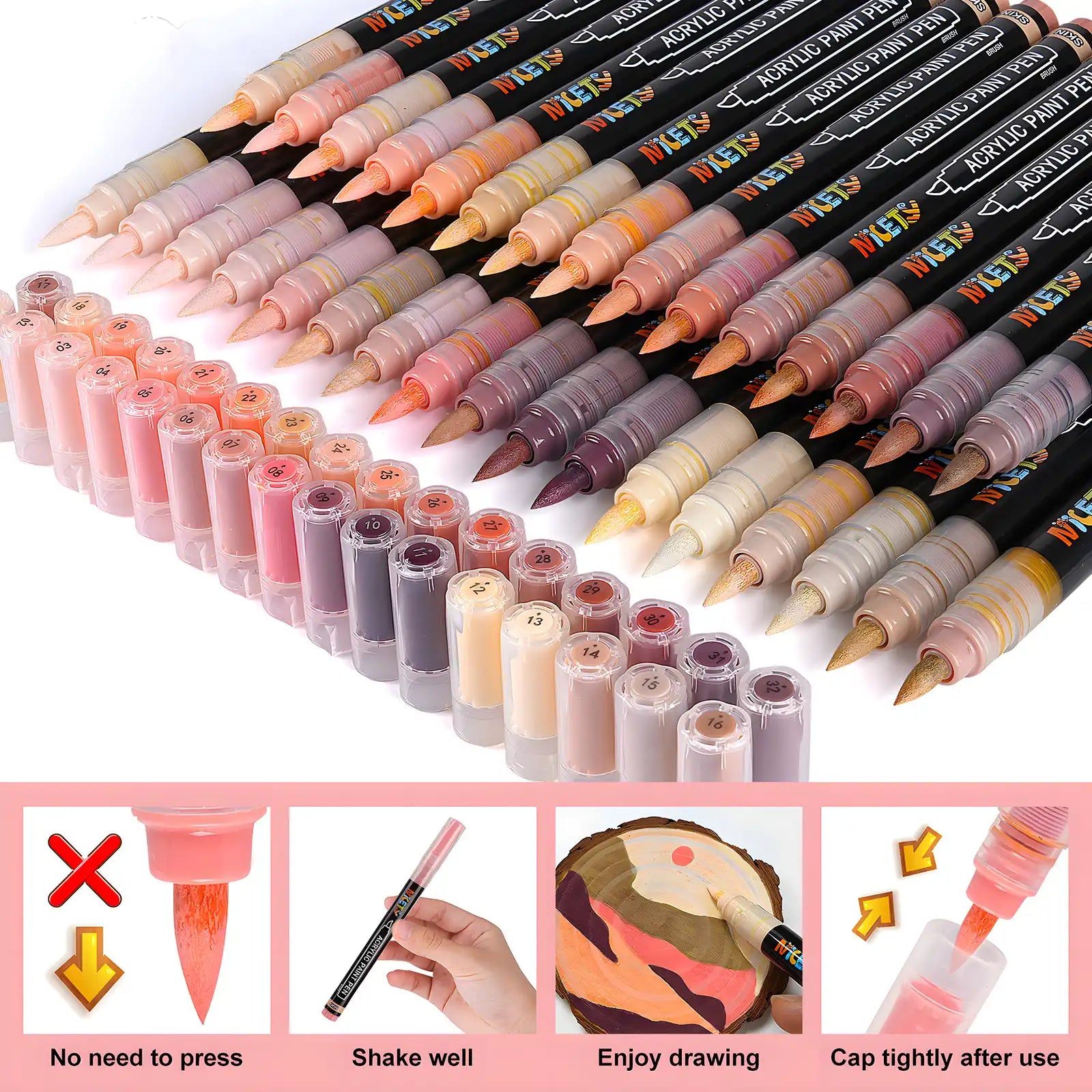 Nicety 32 Colors Acrylic Paint Pens, Skin Tones Tones, Direct Liquid Ink, Art Markers Set for Painting