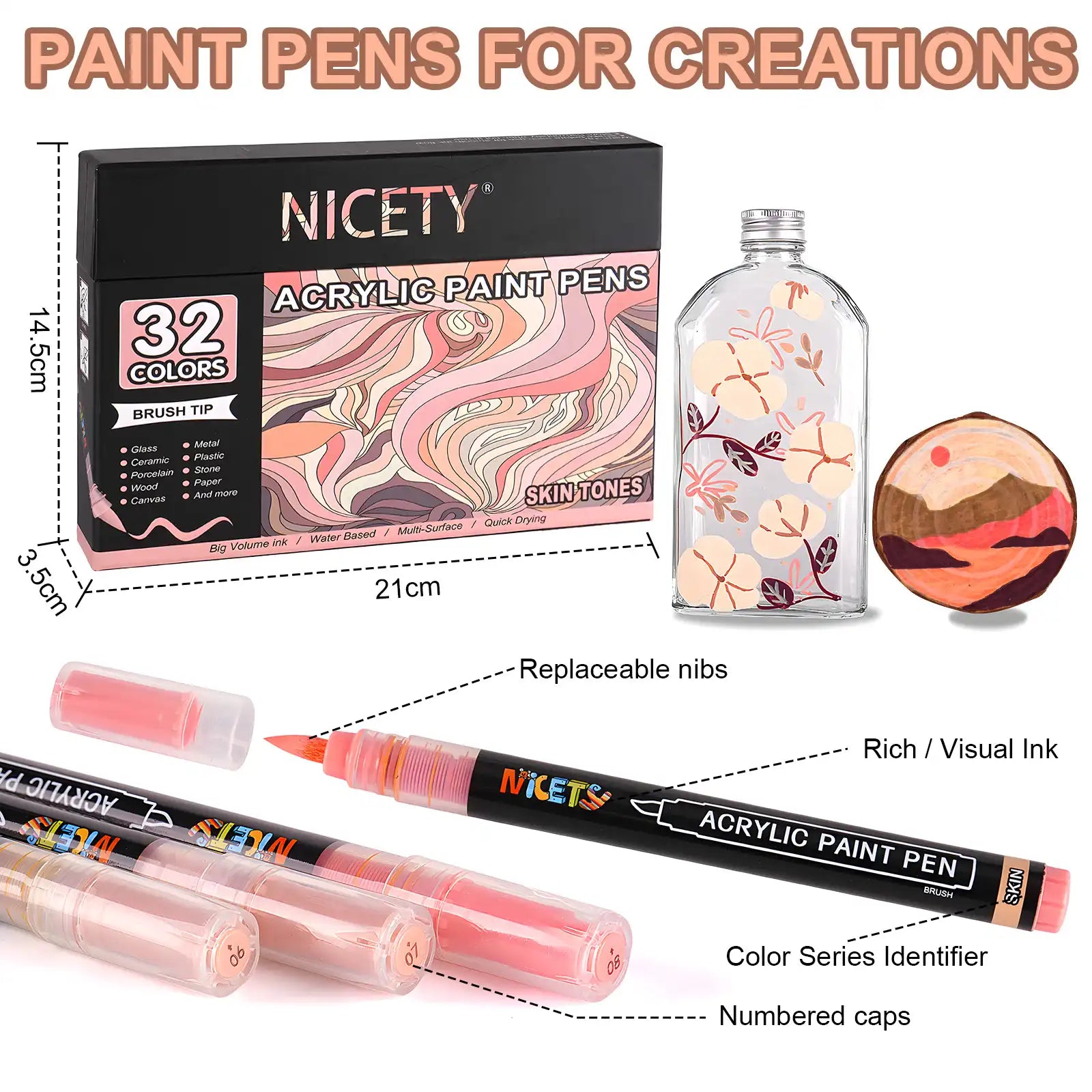 Nicety 32 Colors Acrylic Paint Pens, Skin Tones Tones, Direct Liquid Ink, Art Markers Set for Painting