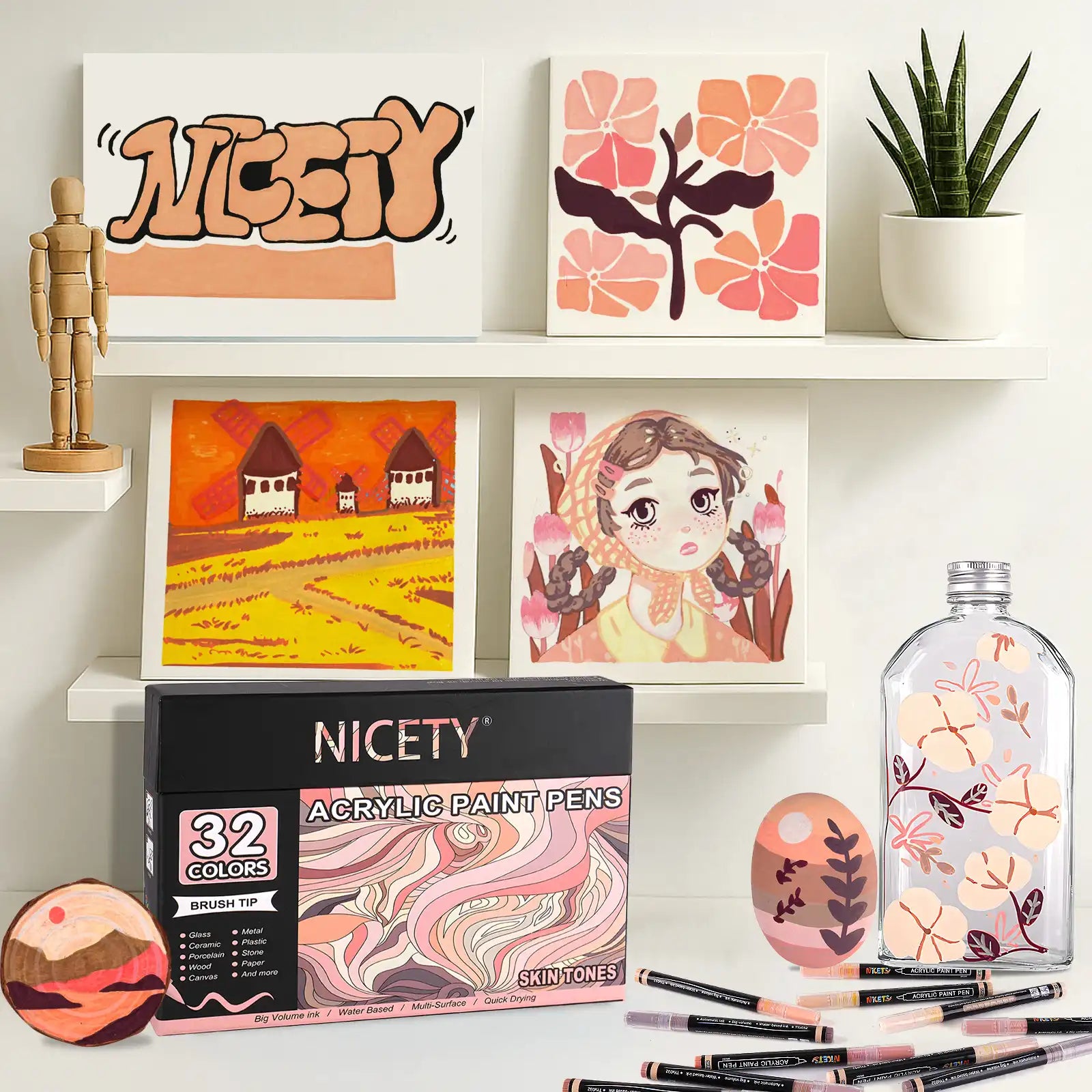Nicety 32 Colors Acrylic Paint Pens, Skin Tones Tones, Direct Liquid Ink, Art Markers Set for Painting