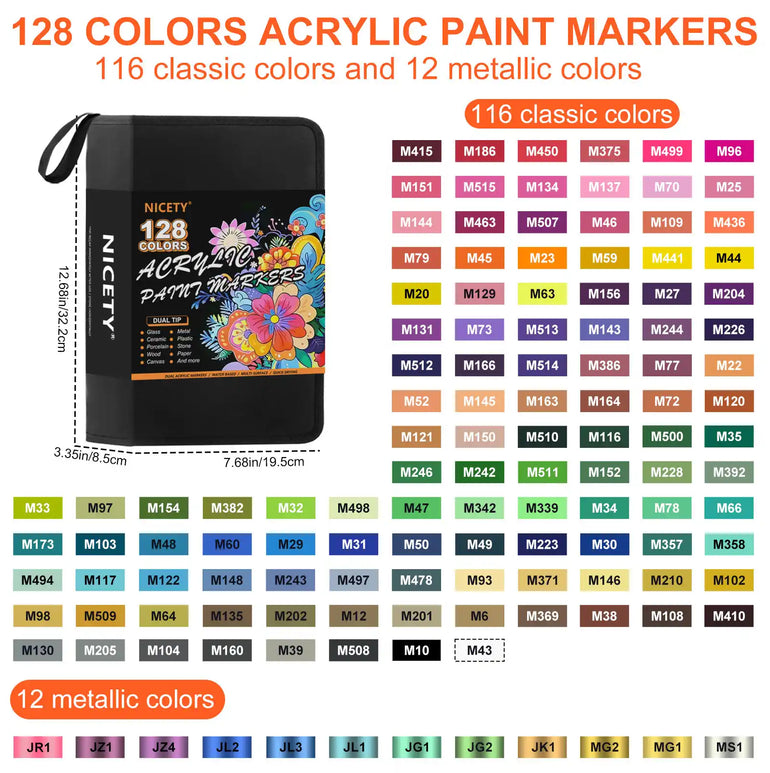 NICETY 128-Color Dual-Tip Acrylic Paint Markers with Carry Bag