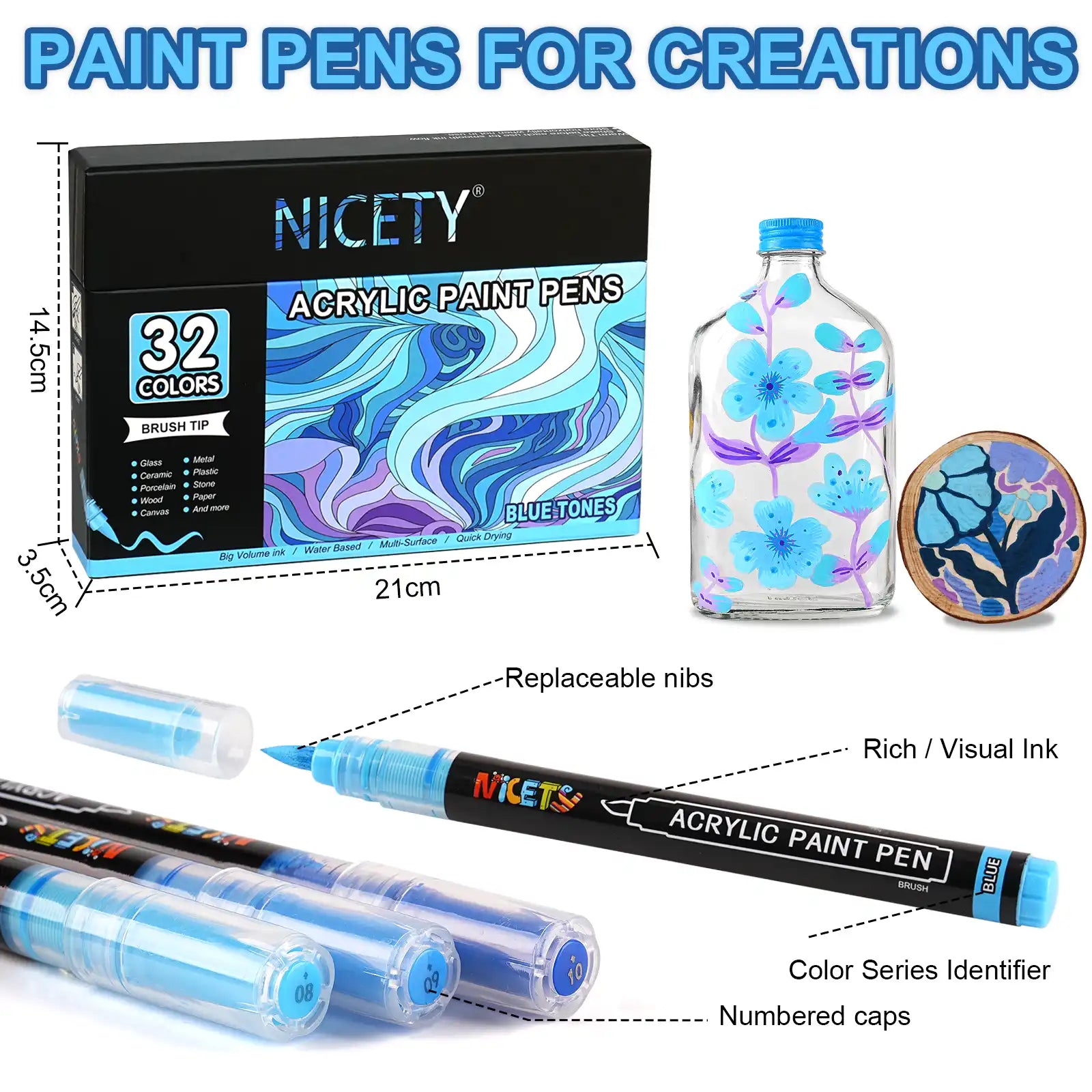 Nicety 32 Colors Acrylic Paint Pens, Blue Tones, Direct Liquid Ink, Art Markers Set for Painting