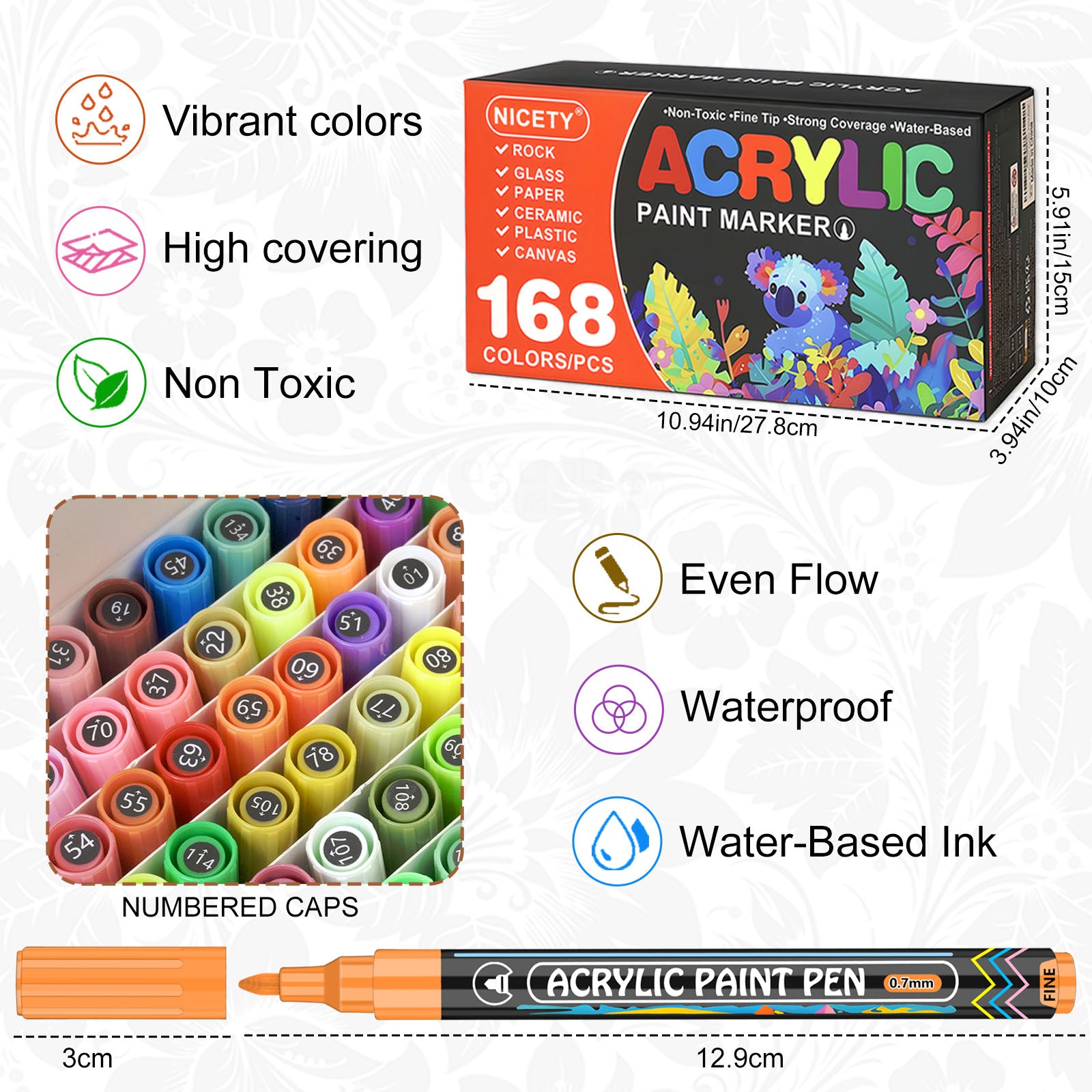 NICETY 168 Color Acrylic Markers - 0.7mm Fine Tip for Detail