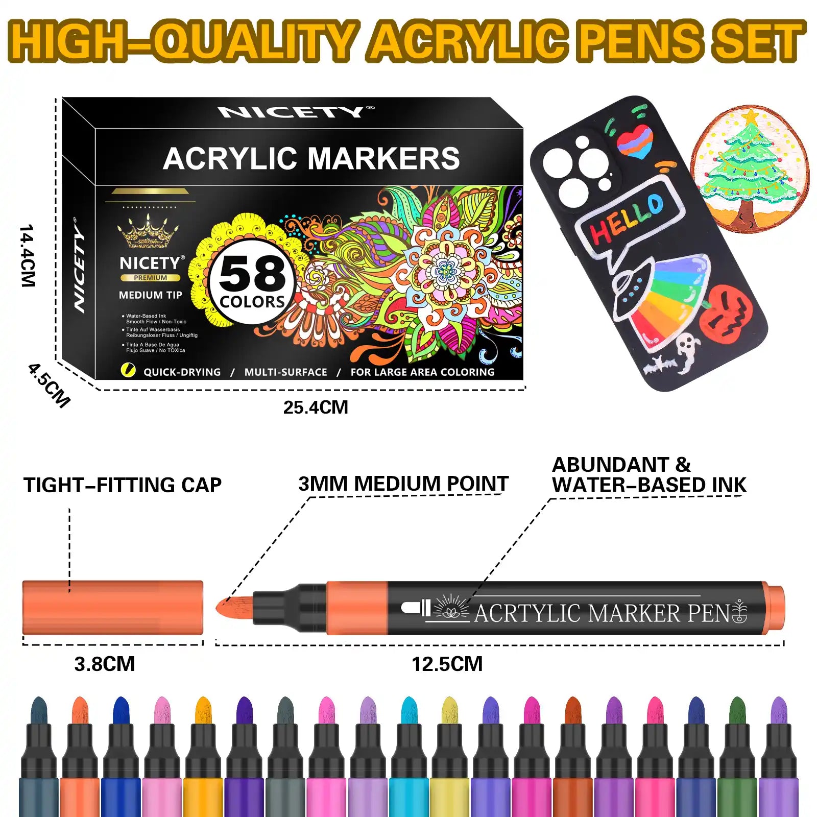 Nicety 58 Colors Single Tip Acrylic Paint Pens Set, Quick Dry Waterproof Art Markers for Drawing, Painting & Crafts