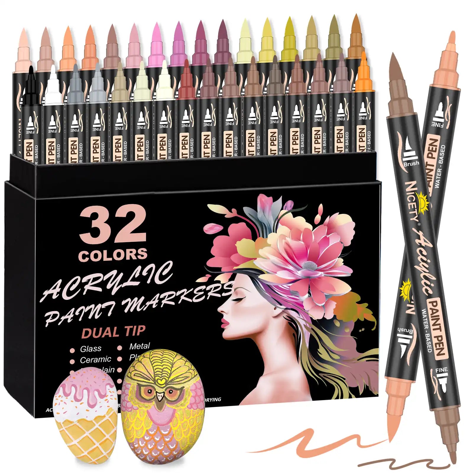 Nicety 32 Colors Dual Tip Acrylic Paint Pens Set, Quick Dry Waterproof Art Markers for Drawing & Crafts