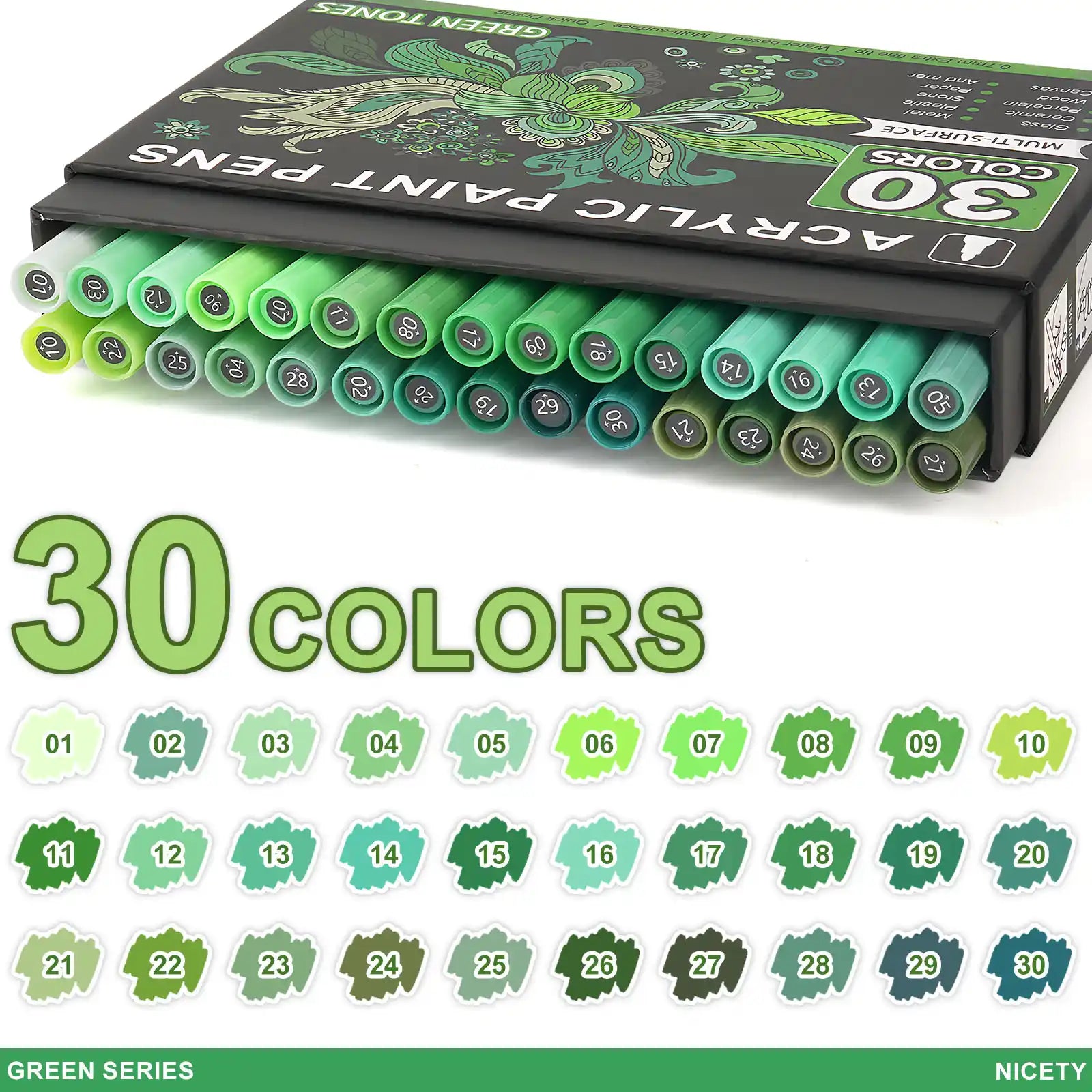 Nicety 30-Color Acrylic Marker Green Art Painting Set