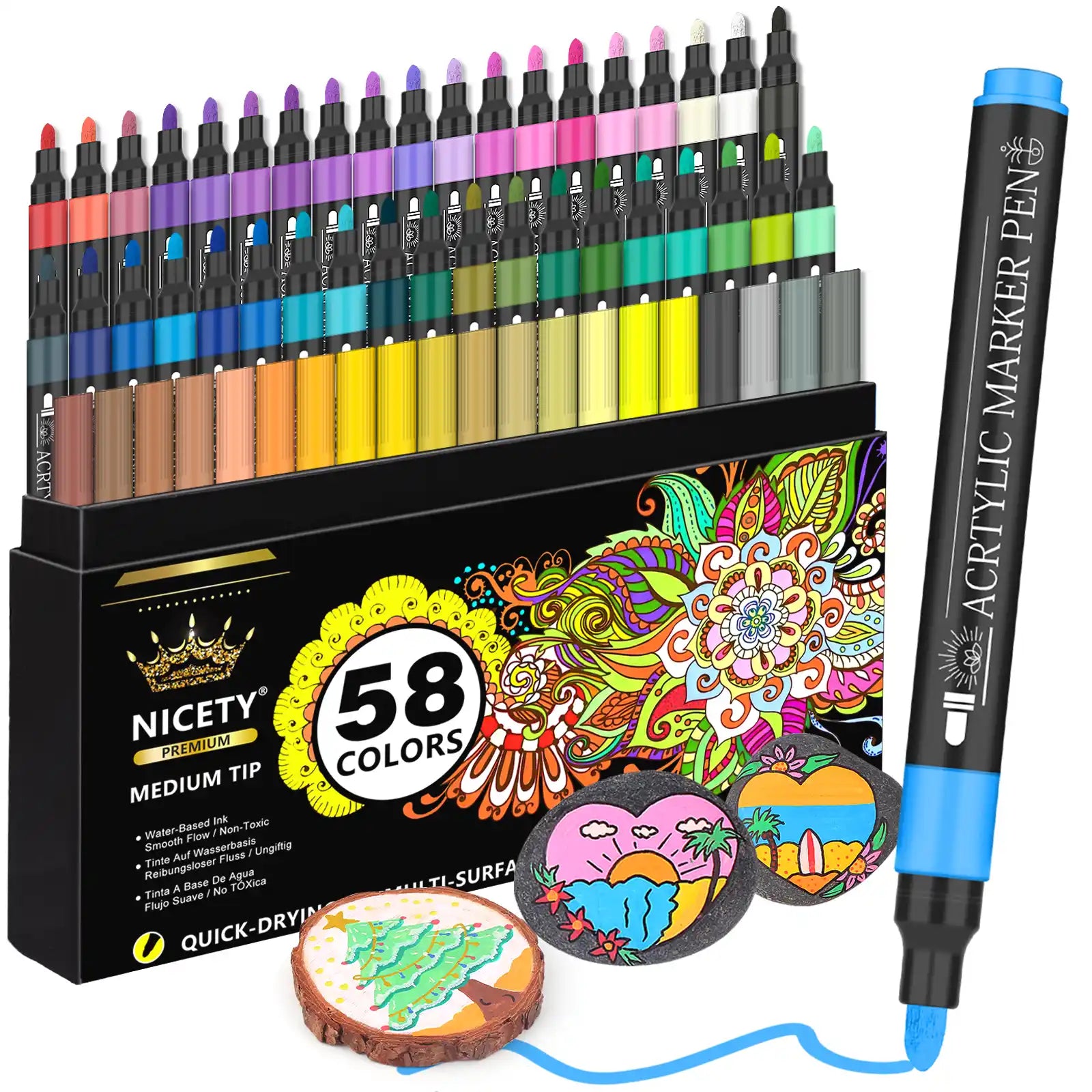 Nicety 58 Colors Single Tip Acrylic Paint Pens Set, Quick Dry Waterproof Art Markers for Drawing, Painting & Crafts