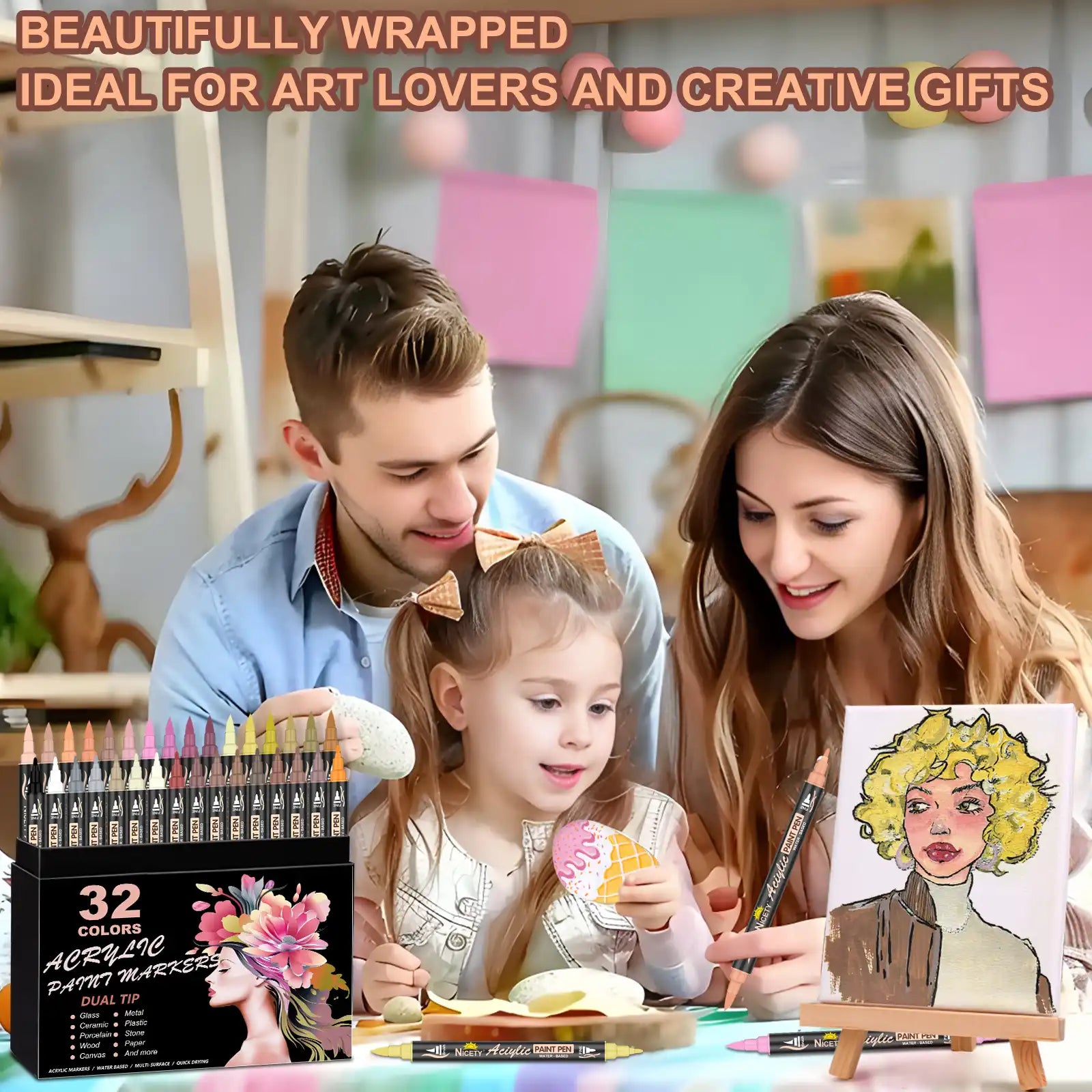 Nicety 32 Colors Dual Tip Acrylic Paint Pens Set, Quick Dry Waterproof Art Markers for Drawing & Crafts